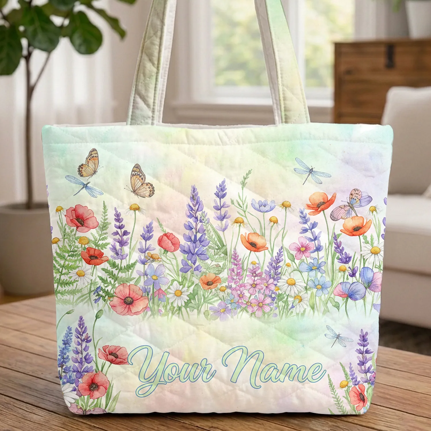 Wildflower Meadow Butterflies Dragonflies Name Display - Everyday Lifestyle Carryall Quilted Tote Bag - 1