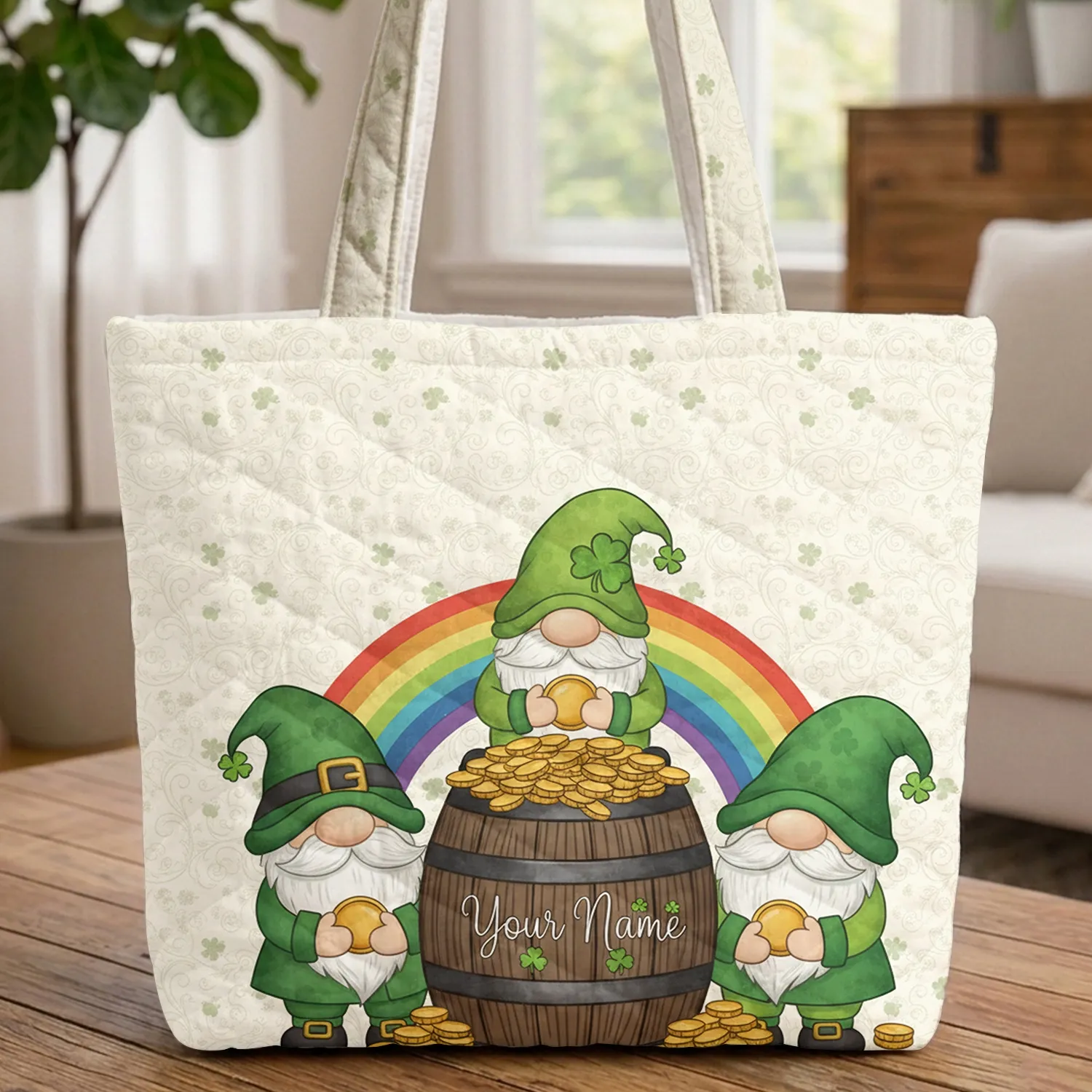 Leprechaun Gnomes Gold Coins Rainbow Shamrocks - St Patricks Day Gift Quilted Tote Bag - 1