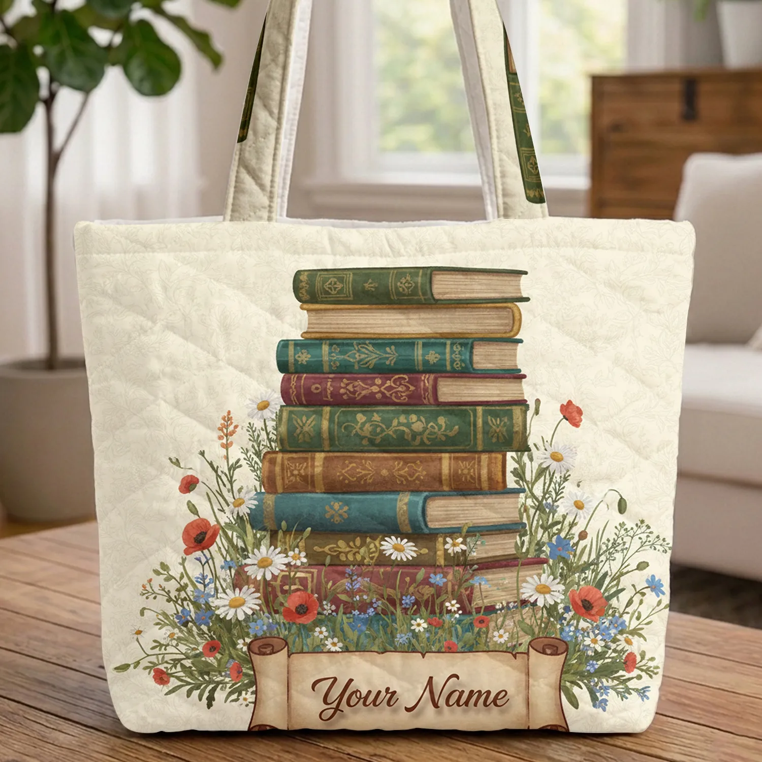 Botanical Vines Vintage Books Wildflowers Scroll - Home Decor Gift for Book Lover Quilted Tote Bag - 1