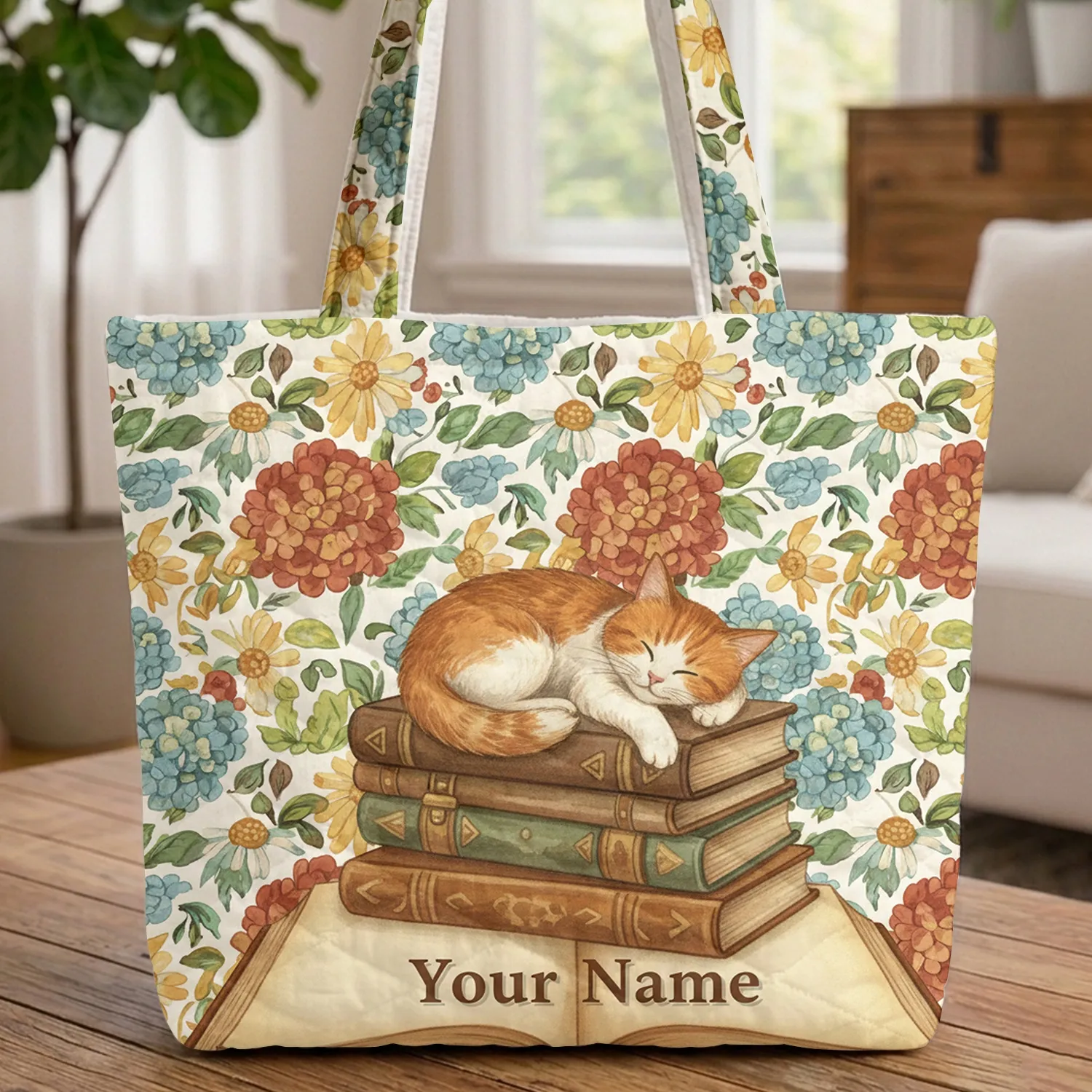 Orange White Cat Ornate Vintage Books Hydrangea Daisy Vines - Cat Lover Book Lover Gift Quilted Tote Bag - 1