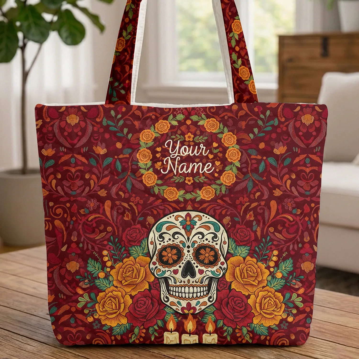 Ornate Sugar Skull Marigold Roses Personalized Name - Day of the Dead Gift Quilted Tote Bag - 1