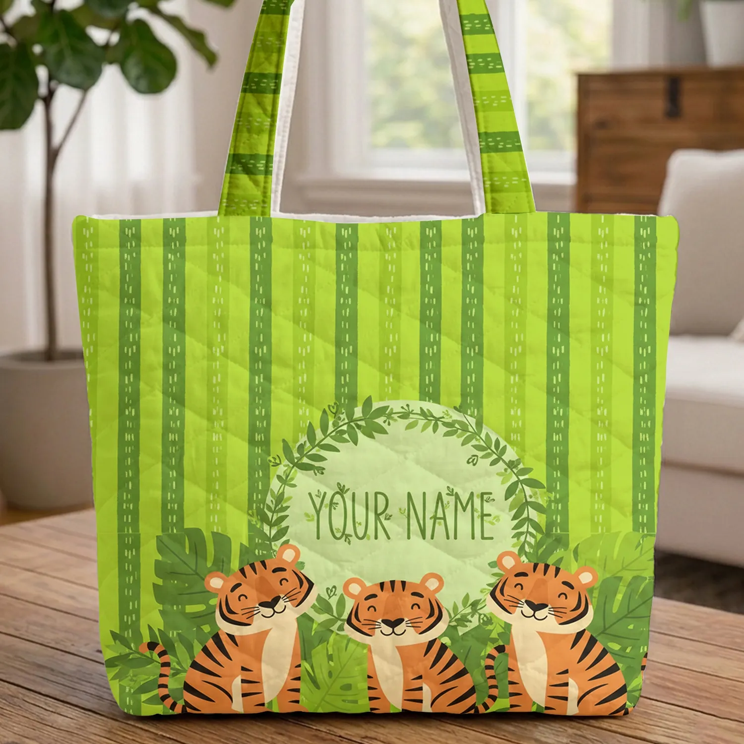 3 Curious Tigers Jungle Leaf Wreath Vertical Stripes - Wildlife Lover Gift Quilted Tote Bag - 1