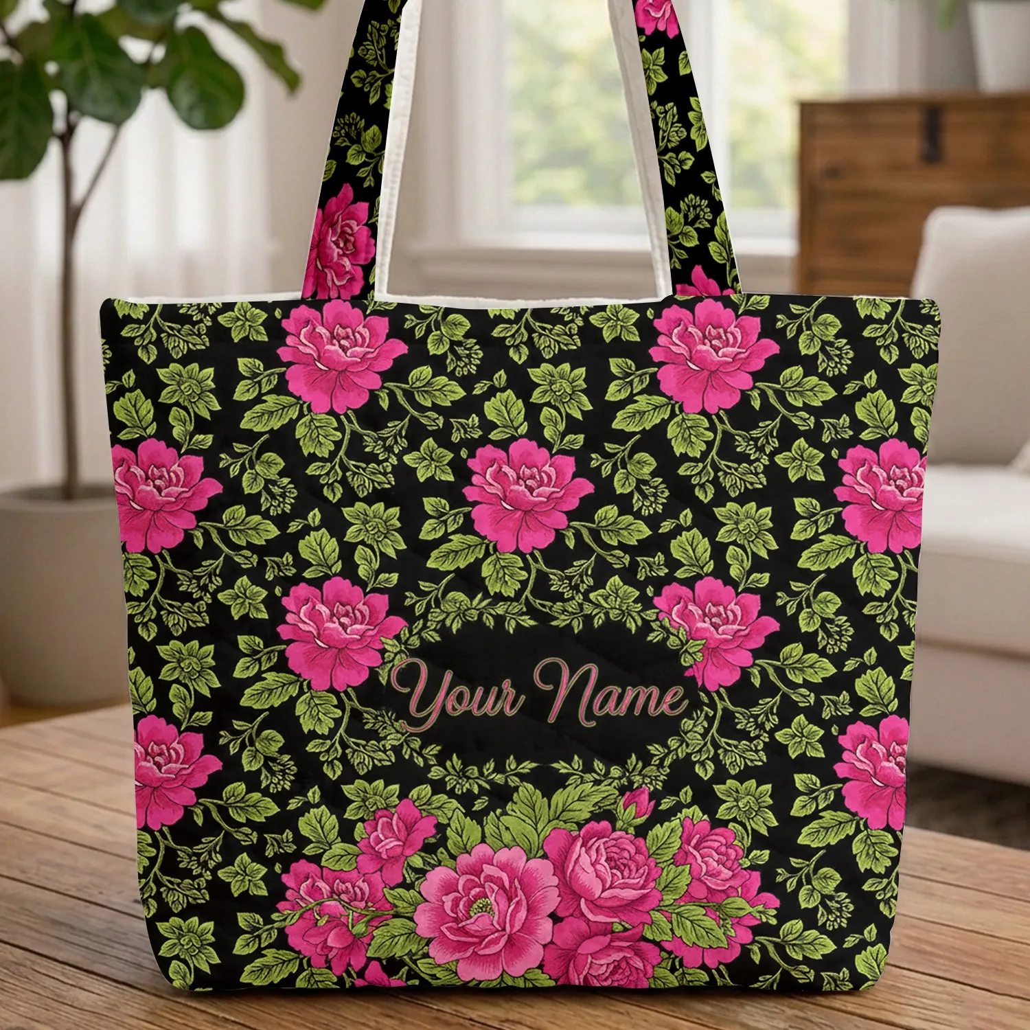 Black Fuchsia Rose Botanical Cluster Floral Wreath - Lifestyle Everyday Carry Quilted Tote Bag - 1