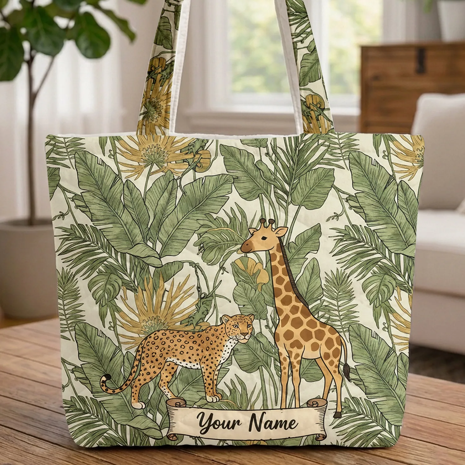 Walking Leopard Standing Giraffe Tropical Jungle - Vintage Safari Wildlife Lover Gift Quilted Tote Bag - 1