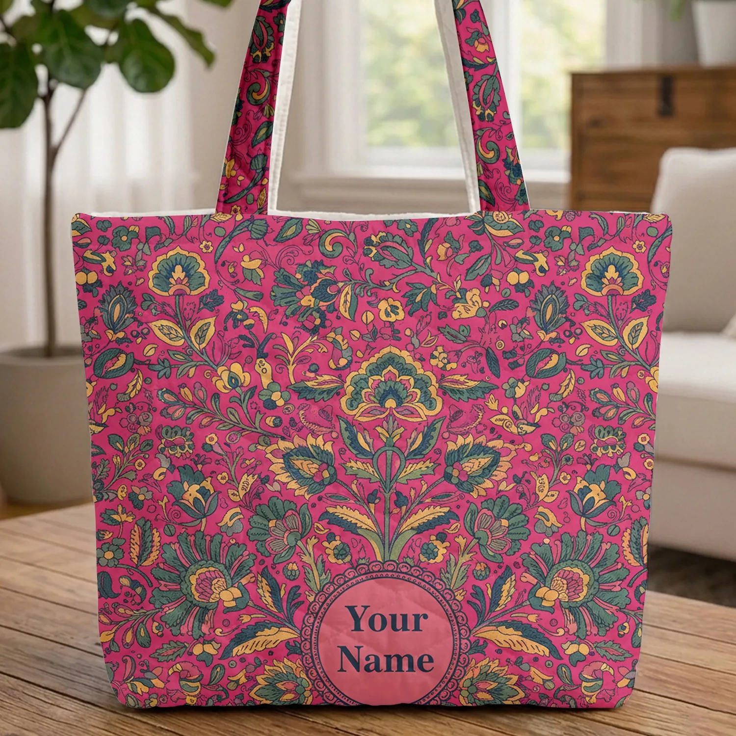 Indian Block Print Floral Leaves Berries Birds Circular Medallion Everyday Tote Gift Quilted Tote Bag - 1