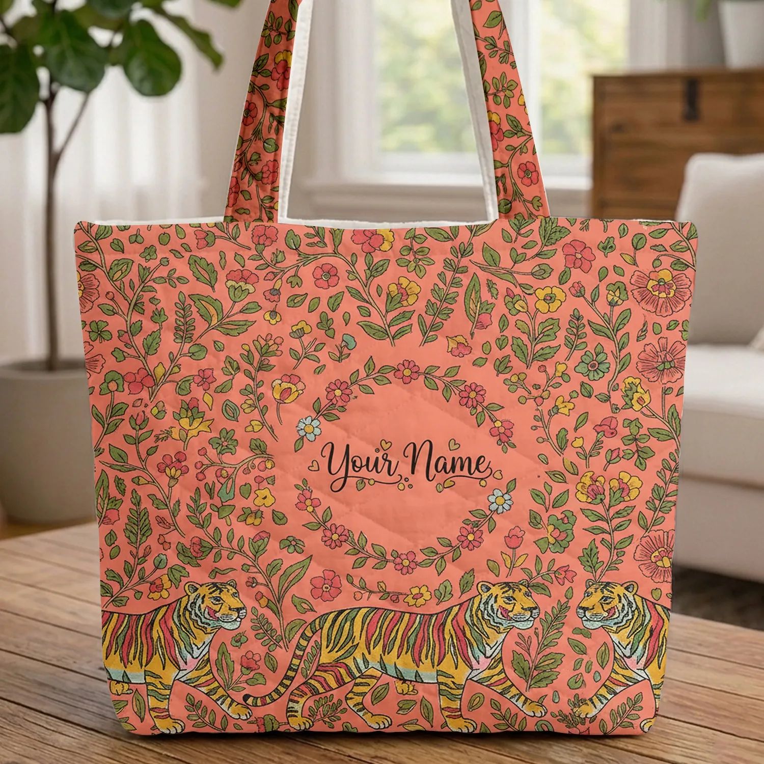 Three Tigers Botanical Flowers - Boho Lifestyle Wildlife Lover Gift Quilted Tote Bag - 1