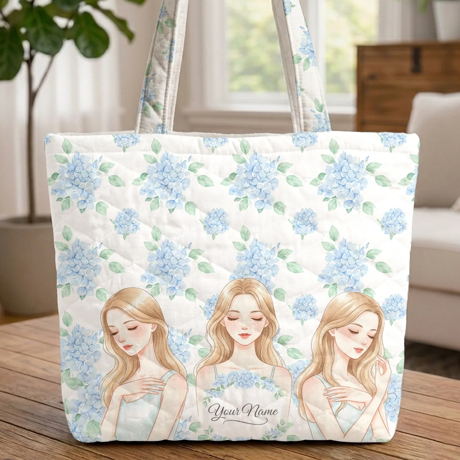 Young Women Hydrangeas Floral Wreath Name - Everyday Lifestyle Accessory for Women Quilted Tote Bag - 1