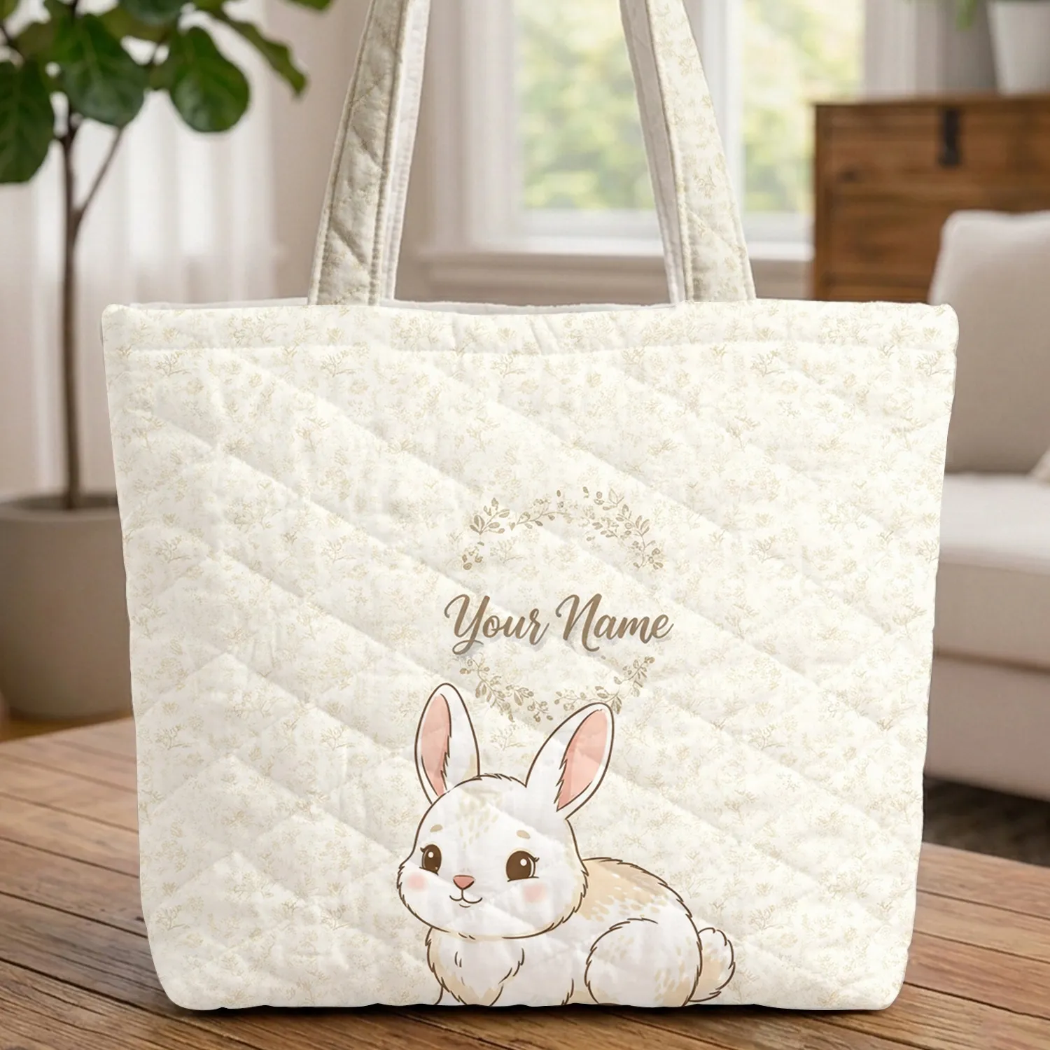 Personalized Name Bunny Floral Wreath - Everyday Carry Nature Gift Quilted Tote Bag - 1