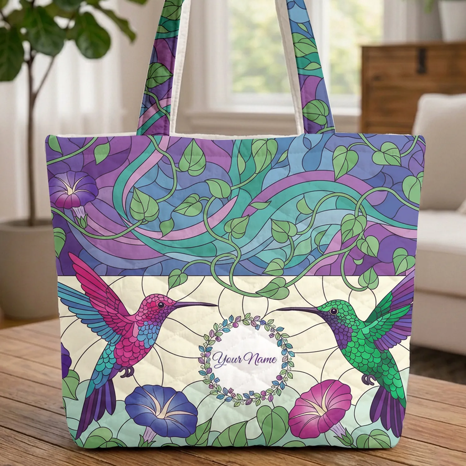 Hummingbird Morning Glory Floral Wreath - Nature Lover Everyday Tote Quilted Tote Bag - 1