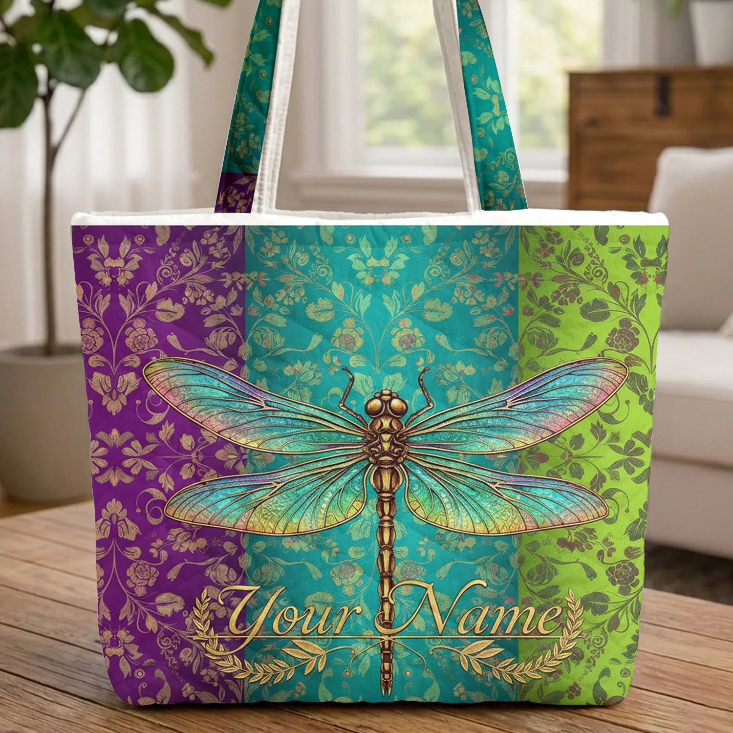 Ornate Dragonfly Botanical Flowers - Nature Lover Everyday Carryall Gift Quilted Tote Bag - 1