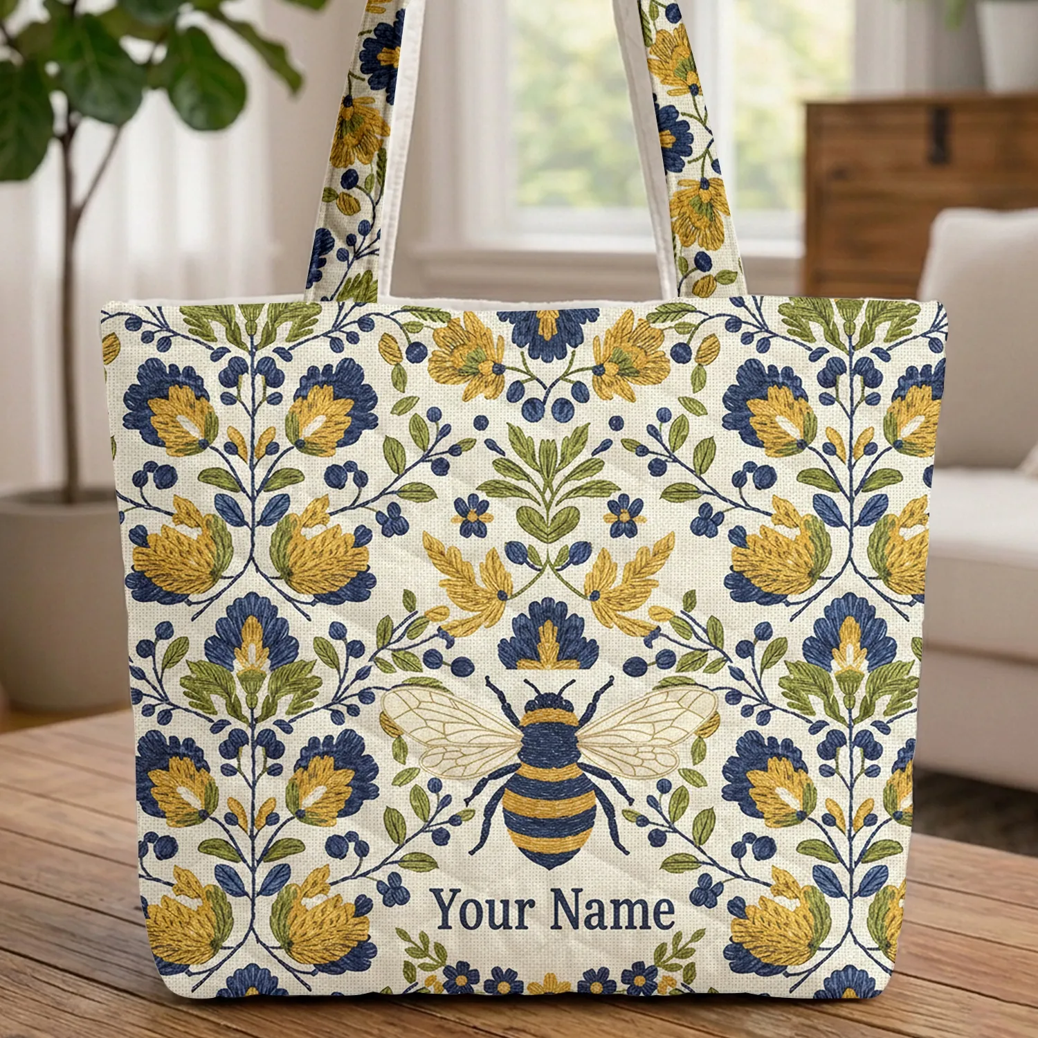 Large Winged Bumblebee Blue Yellow Flowers Wreath - Everyday Tote Wildlife Lover Gift Quilted Tote Bag - 1