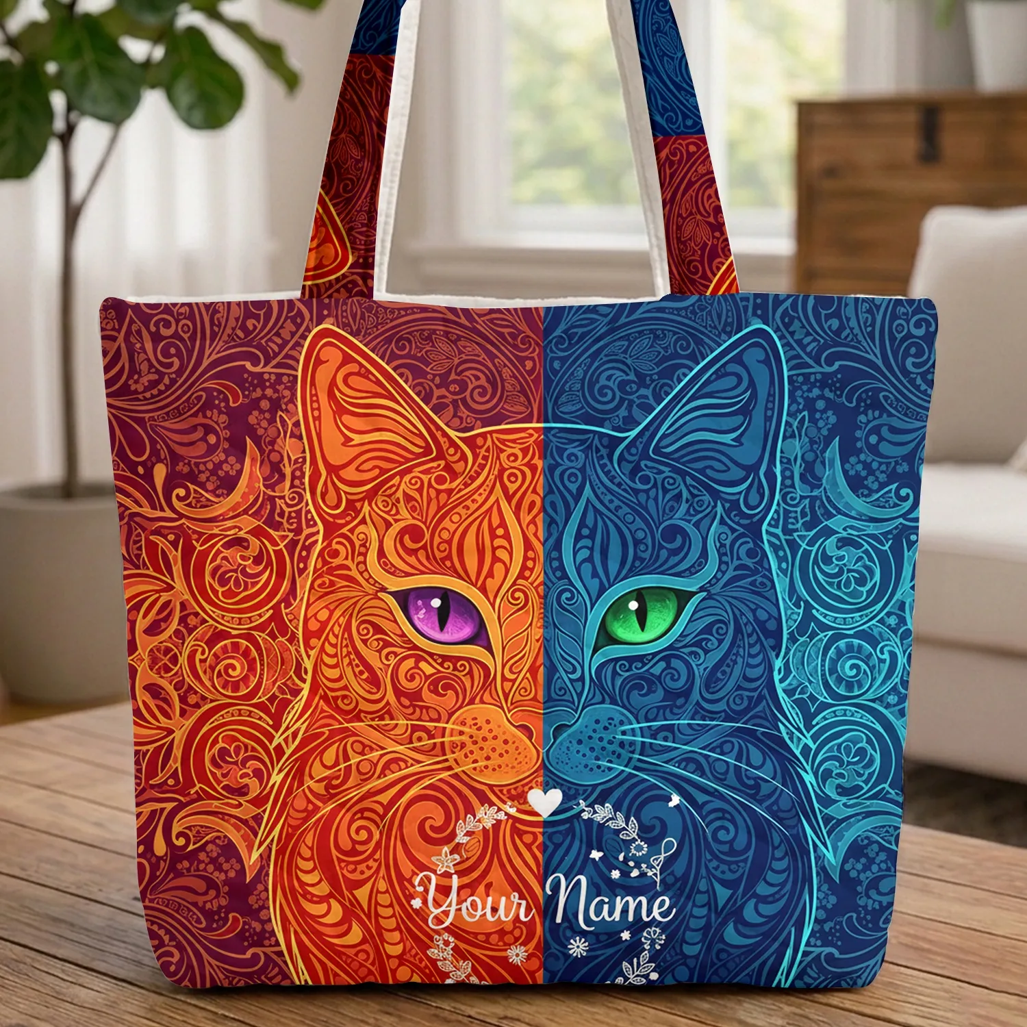 Filigree Cat Face Split Color Floral Wreath - Personalized Cat Lover Gift Quilted Tote Bag - 1
