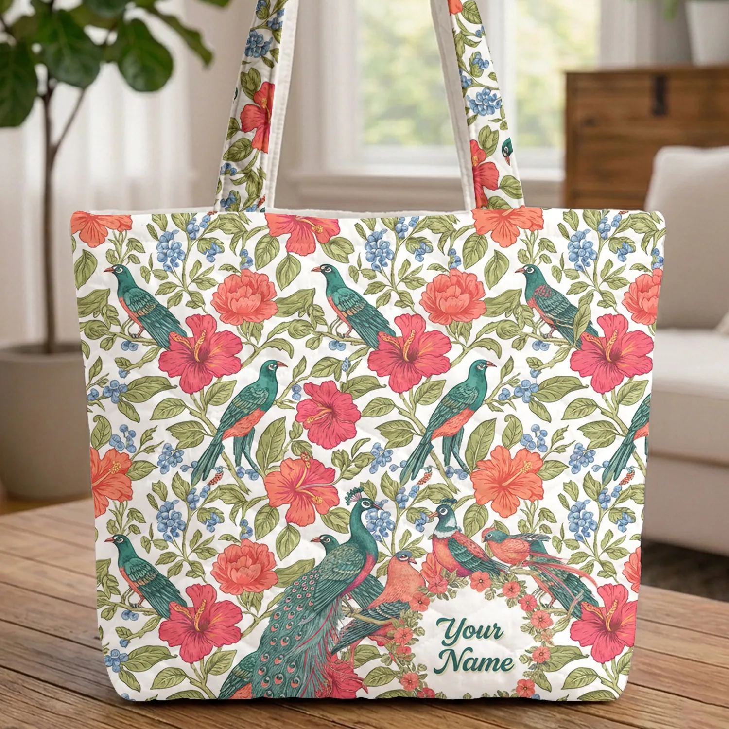 Personalized Peacock Tropical Hibiscus Peony - Bird Lover Home Decor Quilted Tote Bag - 1