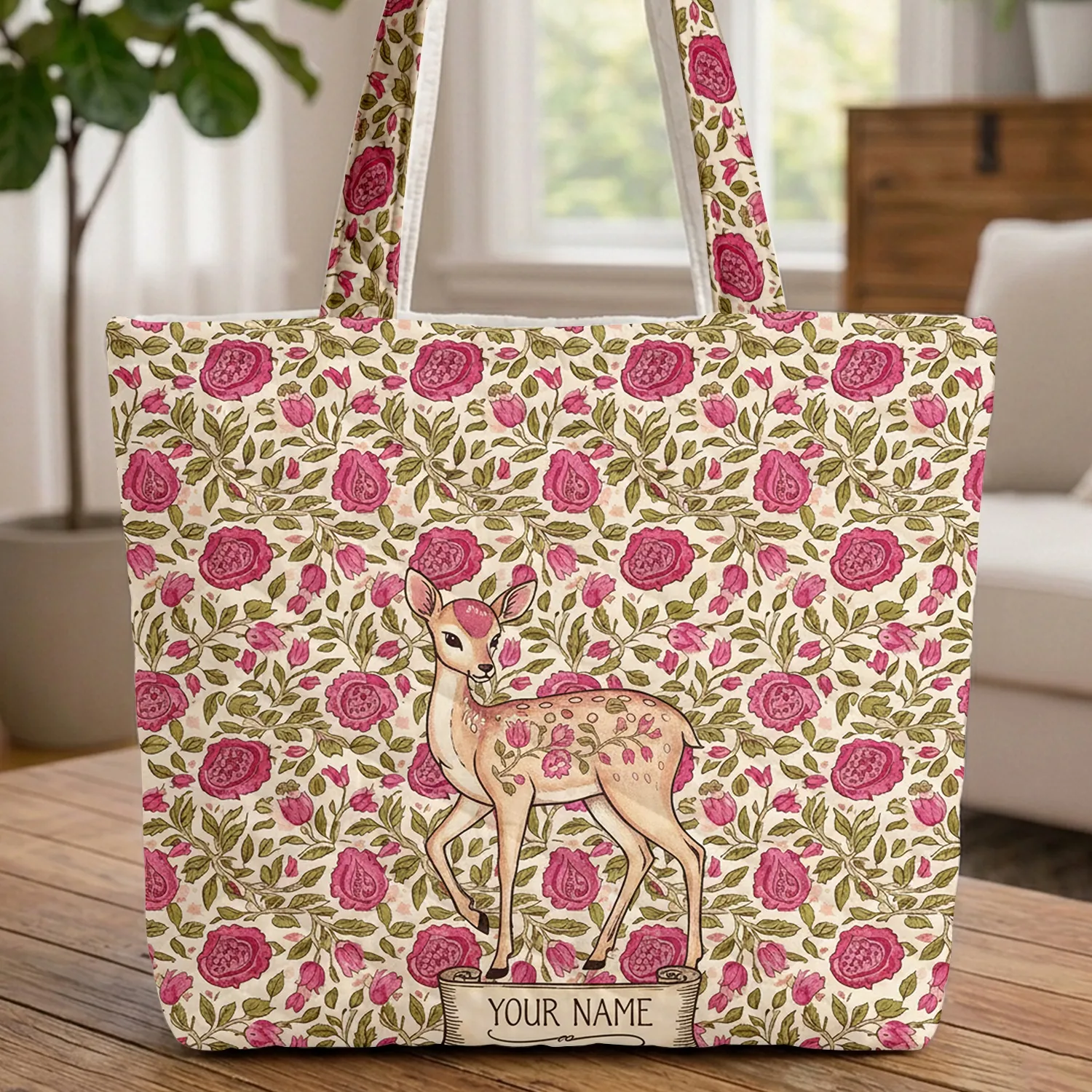 Spotted Fawn Plump Flowers Olive Leaves Folk Art Home Decor Gift for All Nature Lovers Quilted Tote Bag - 1
