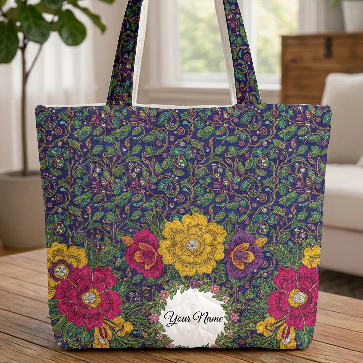 Indian Floral Gold Vine Mirror Name Personalized Gift Quilted Tote Bag - 1