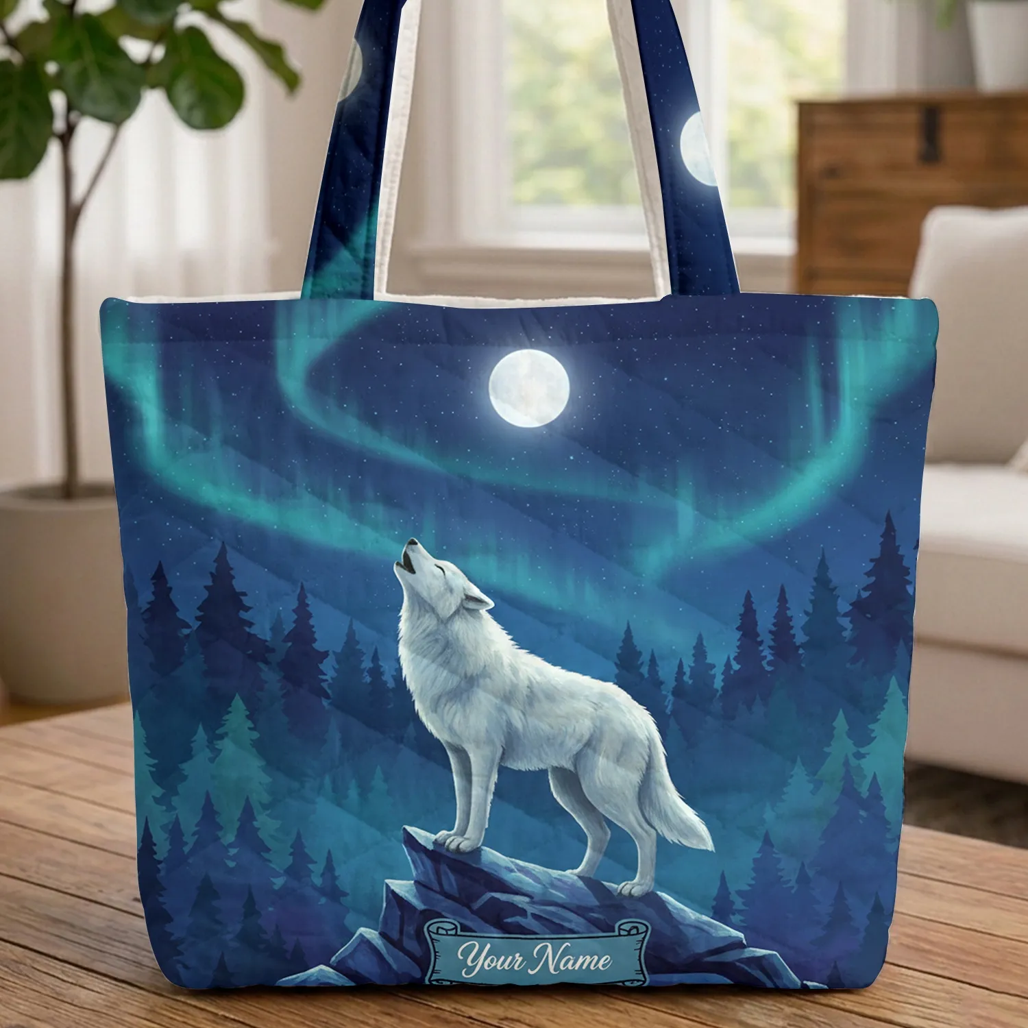 White Wolf Howling Full Moon Aurora Borealis - Wildlife Lover Gift Quilted Tote Bag - 1