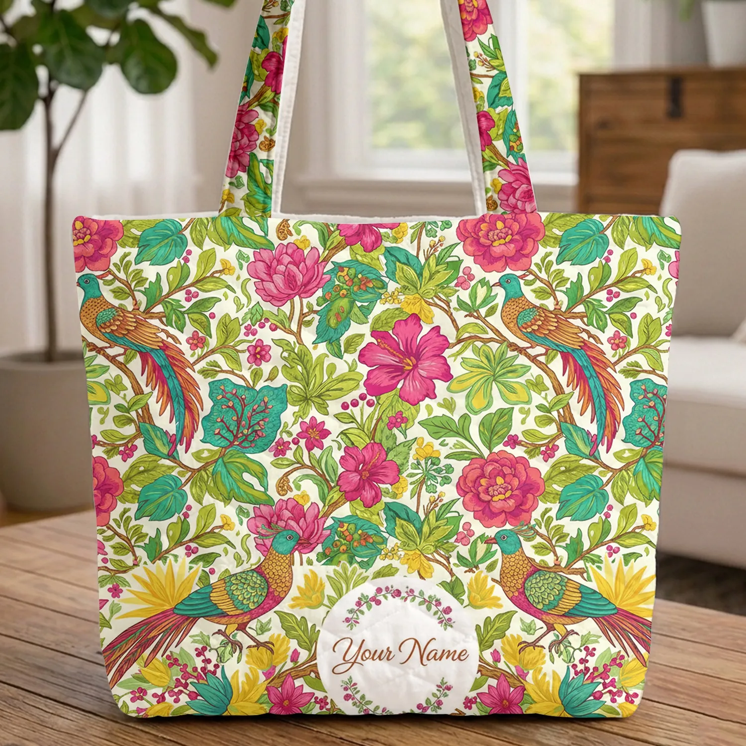 Personalized Name Ornate Exotic Birds Lush Jungle Garden - Wildlife Lover Gift Quilted Tote Bag - 1