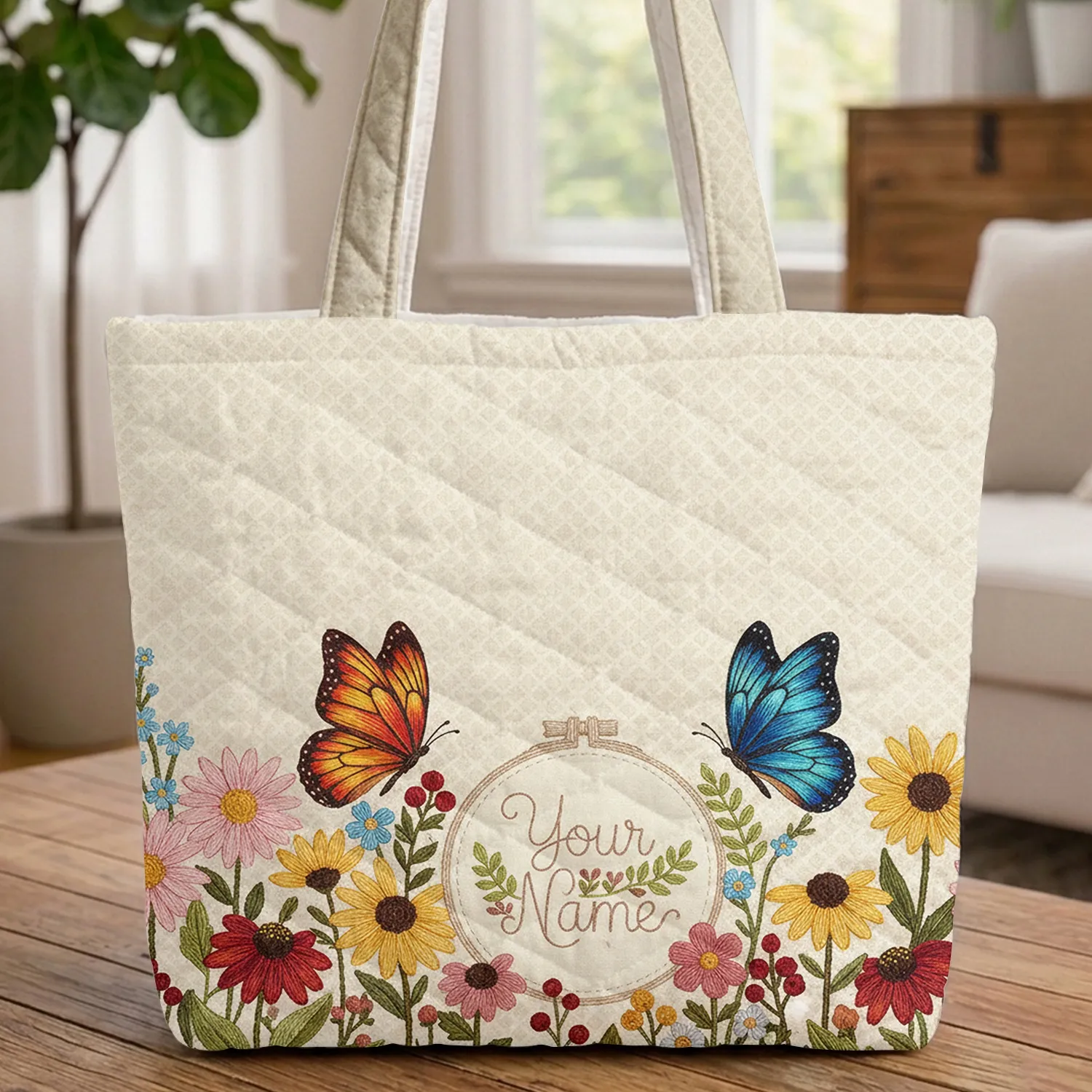 Personalized Butterflies Garden Flowers - Nature Lover Gift for Her Quilted Tote Bag - 1