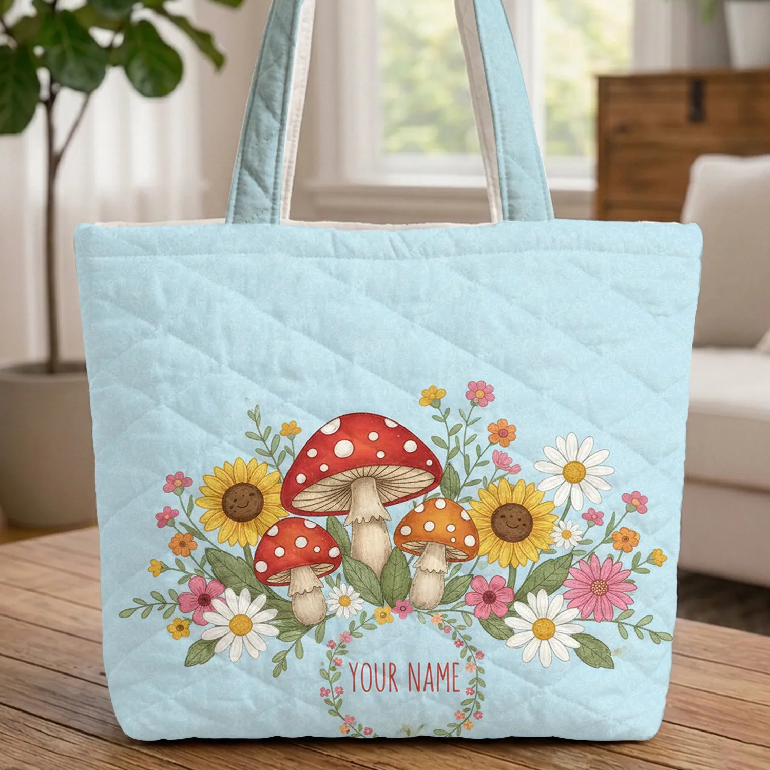 Toadstool Daisy Sunflower Wreath - Everyday Tote for Nature Lover Quilted Tote Bag - 1