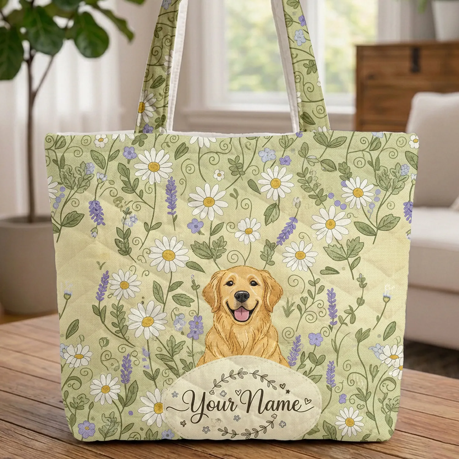 Golden Retriever Daisies Lavender English Garden Foliage - Pet Parent Everyday Carry Gift Quilted Tote Bag - 1