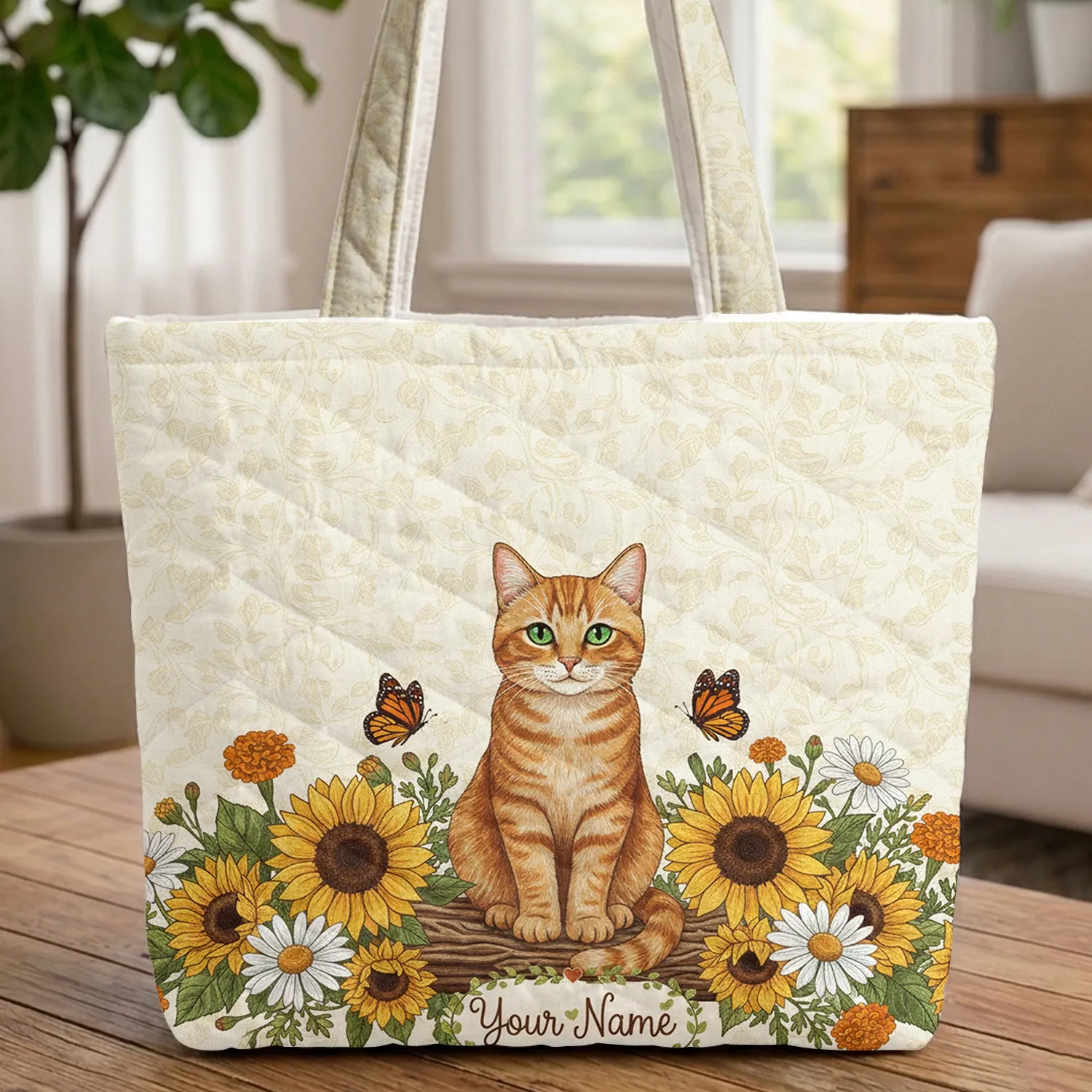 Ginger Tabby Cat Sunflower Daisy Monarch Butterfly Scene - Cat Lover Wildlife Garden Gift Quilted Tote Bag - 1