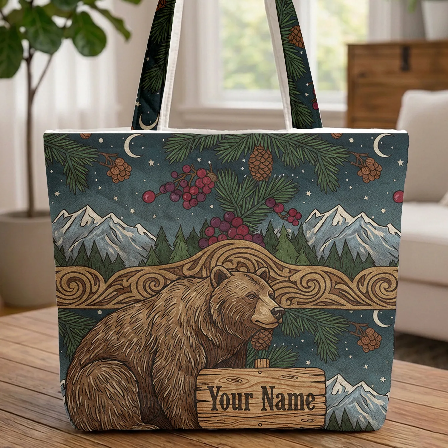 Grizzly Bear Pine Berry Forest Moon Wooden Sign - Personalized Wildlife Lover Gift Quilted Tote Bag - 1