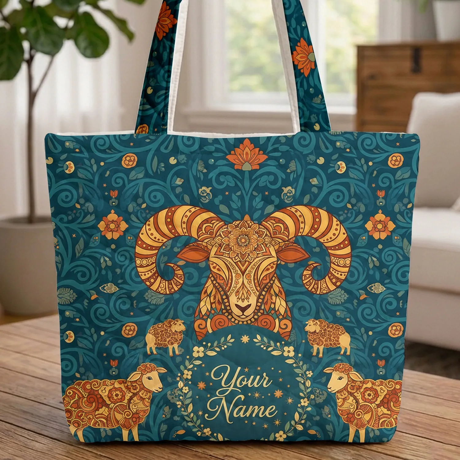 Boho Ram's Head Sheep Mandala Organic Floral Stars Swirl - Home Decor Gift for Wildlife Lover Quilted Tote Bag - 1