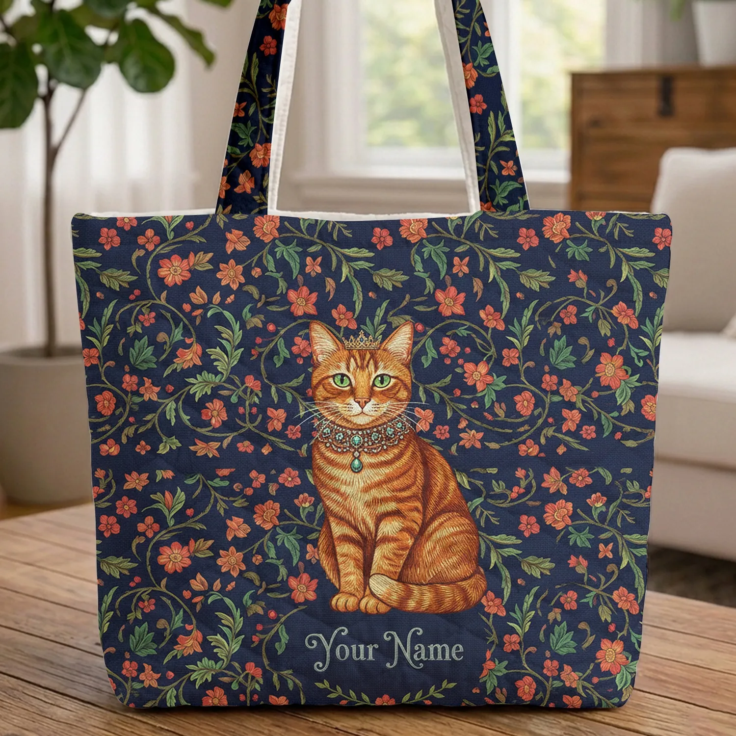 Regal Orange Tabby Cat Floral Vines - Cat Lover Home Decor Gift Quilted Tote Bag - 1