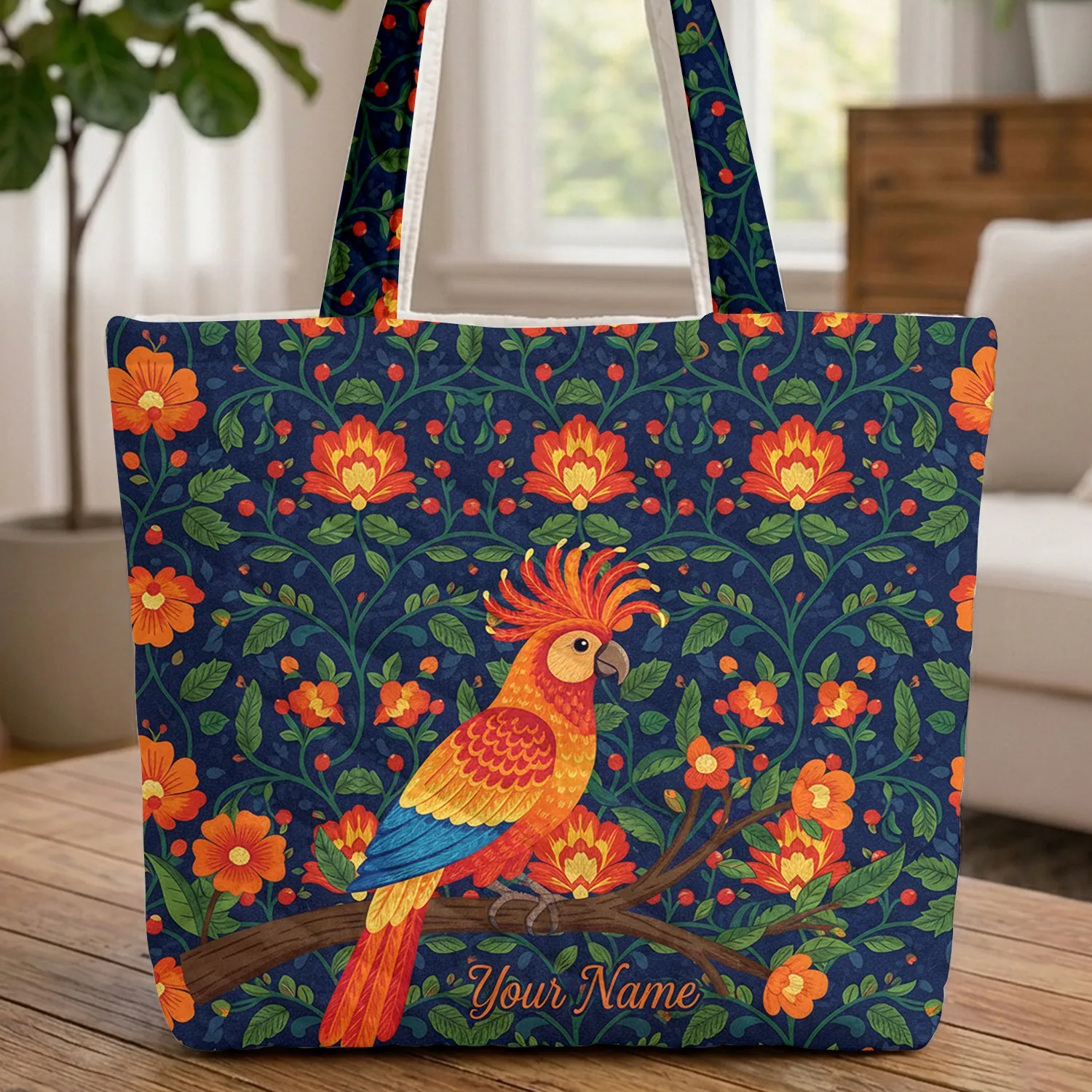 Tropical Bird Orange Flowers Personalized Name - Everyday Floral Wreath Bird Lover Quilted Tote Bag - 1