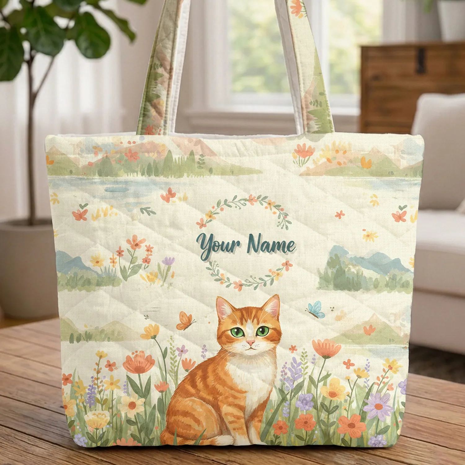 Orange Tabby Cat Wildflower Meadow Mountain Lake Butterflies Personalized Name - Cat Lover Gift Quilted Tote Bag - 1