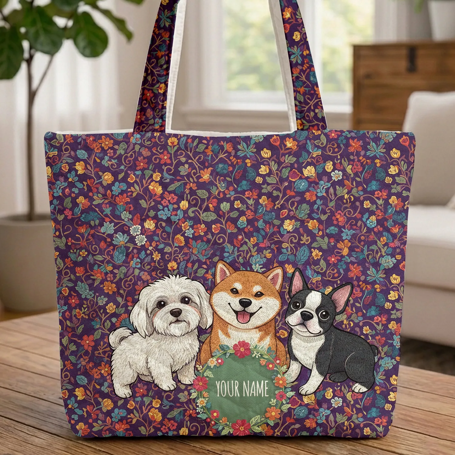 Maltipoo Shiba Boston Terrier Dogs Floral Wreath - Everyday Tote Dog Lover Gift Quilted Tote Bag - 1