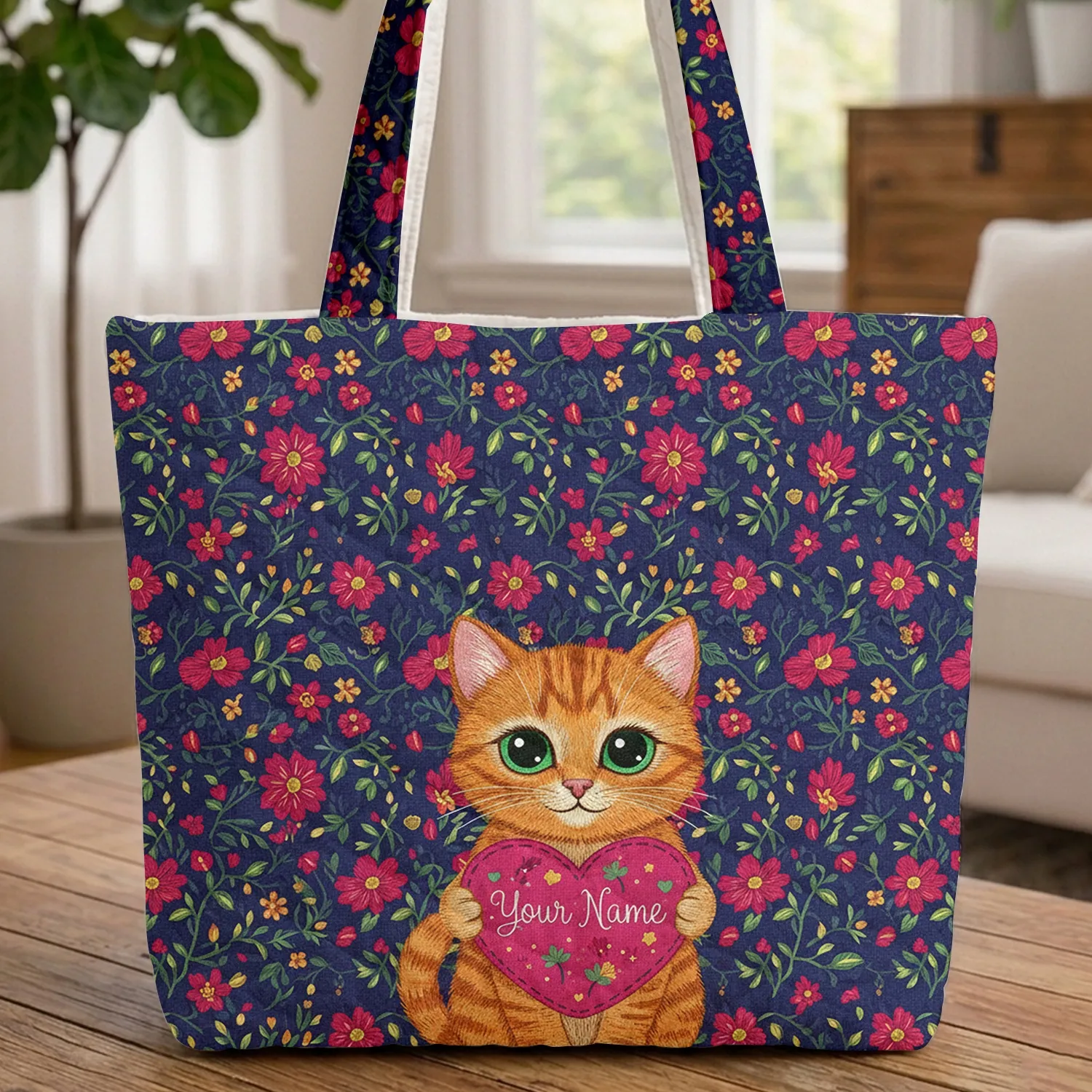 Orange Tabby Cat Heart Flowers Leaves - Cat Lover Everyday Gift Quilted Tote Bag - 1