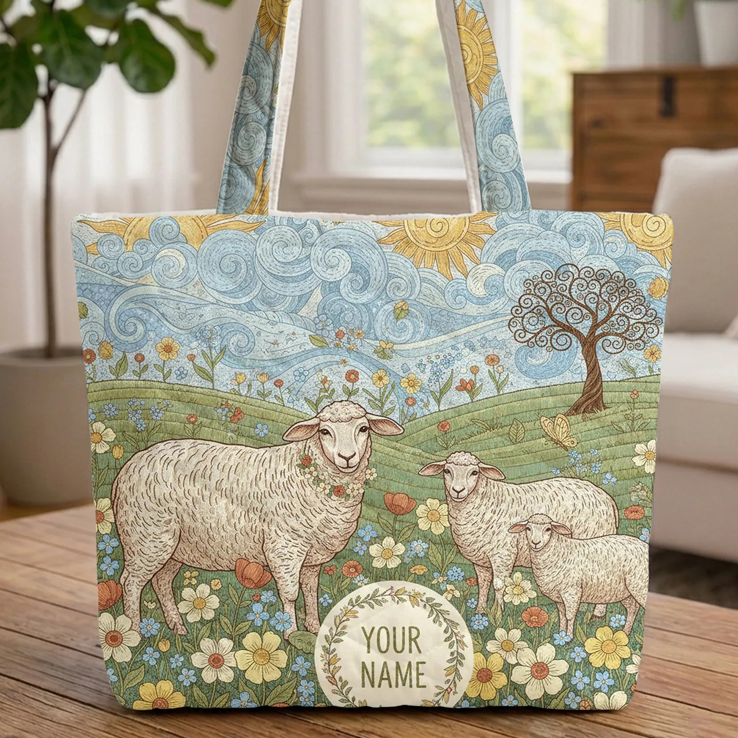 Three Ornate Sheep Wildflower Meadow Swirling Clouds - Nature Lover Gift Quilted Tote Bag - 1