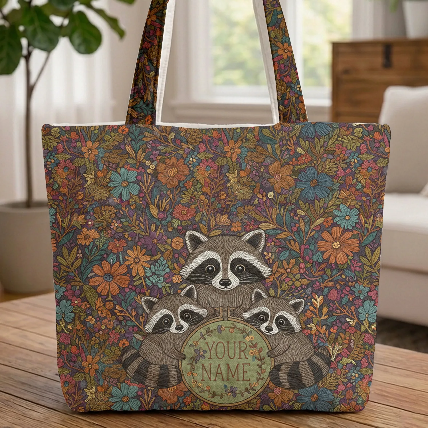 Three Raccoons Woodland Wildflower Personalized - Wildlife Lover Gift Quilted Tote Bag - 1
