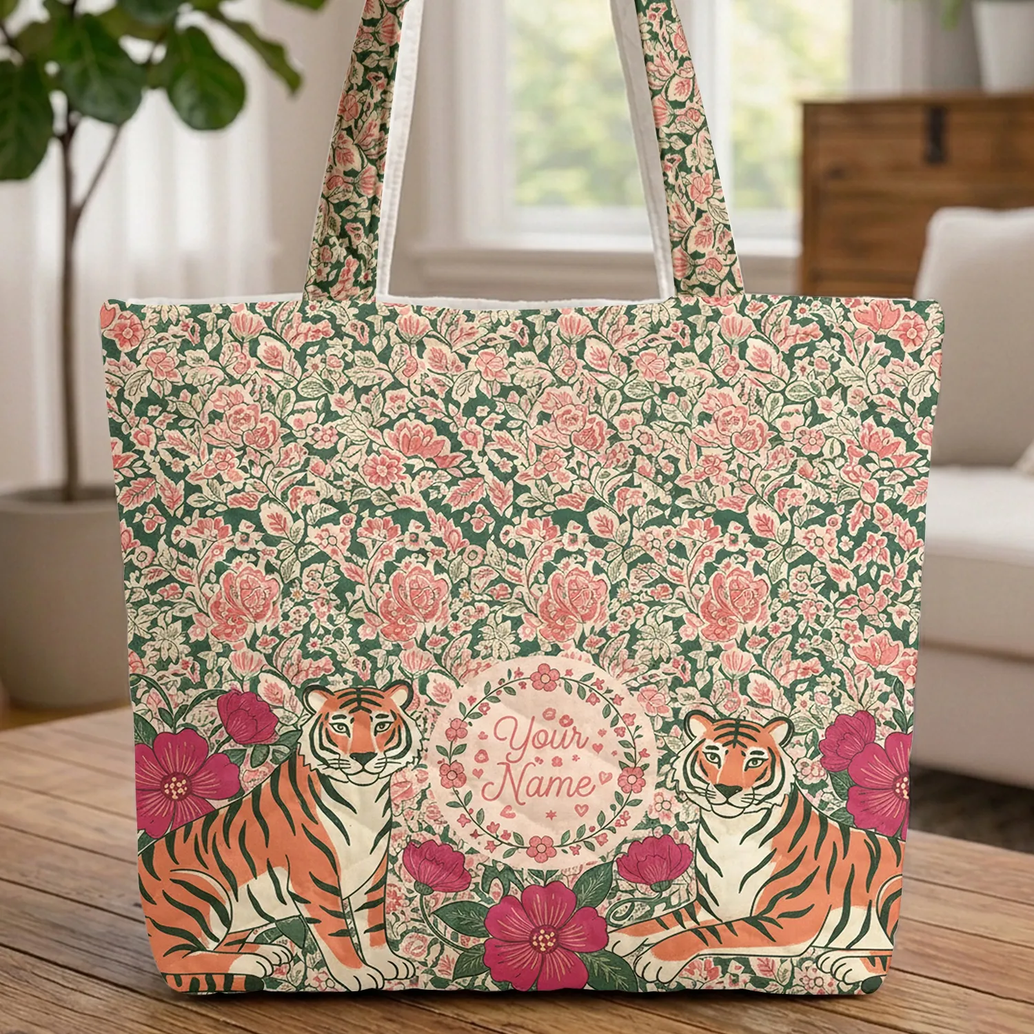 Tigers Botanical Fuchsia Flowers Leaf Garland Textile Lover Gift Quilted Tote Bag - 1