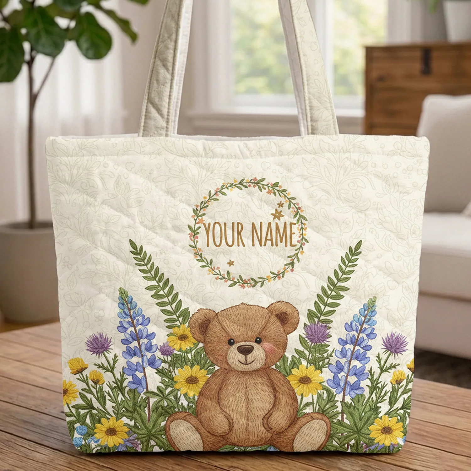 Teddy Bear Floral Wreath Wildflower Meadow - Personalized Keepsake Gift Quilted Tote Bag - 1
