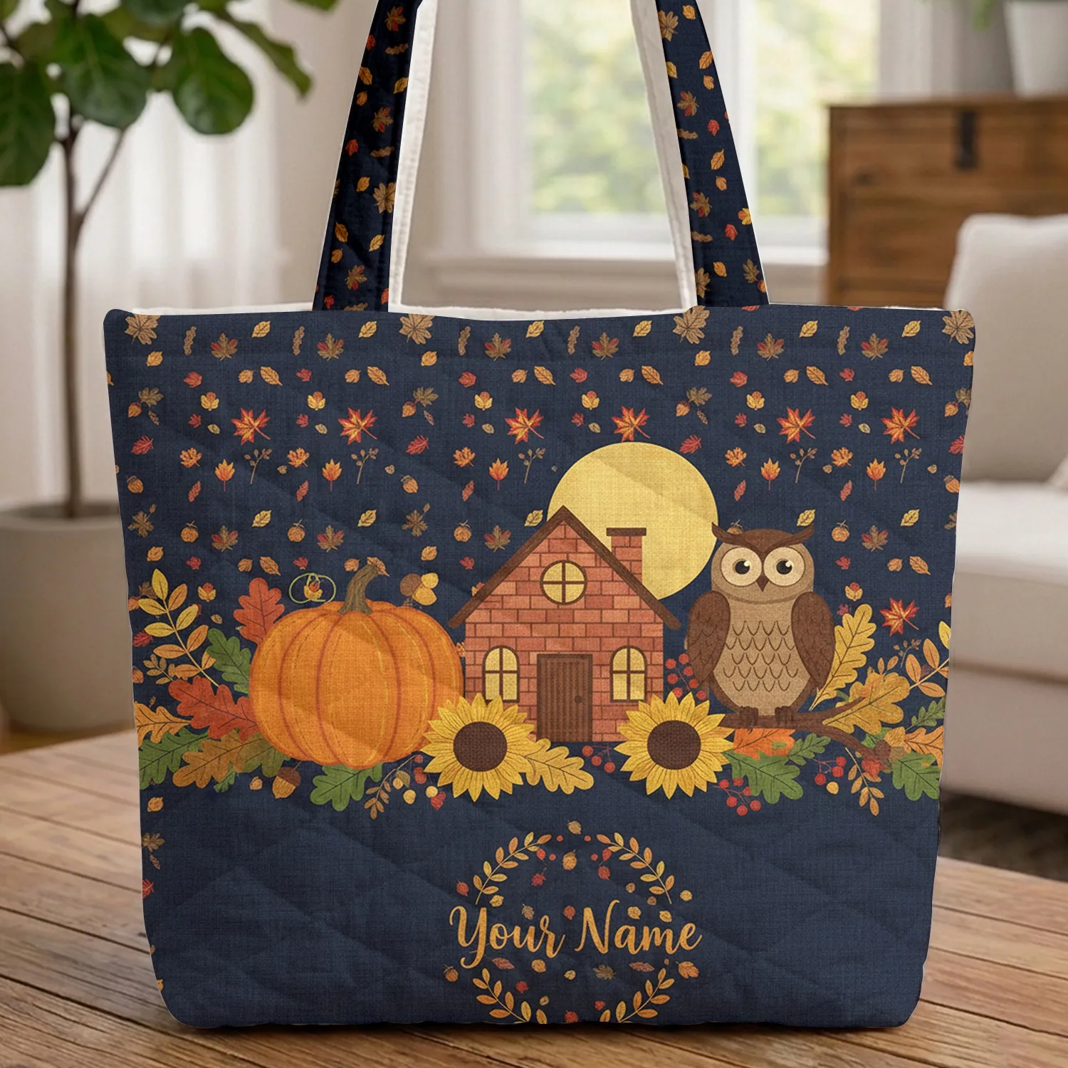 Pumpkin Owl Brick House Autumn Leaves Berries Name Wreath - Fall Harvest Gift Quilted Tote Bag - 1