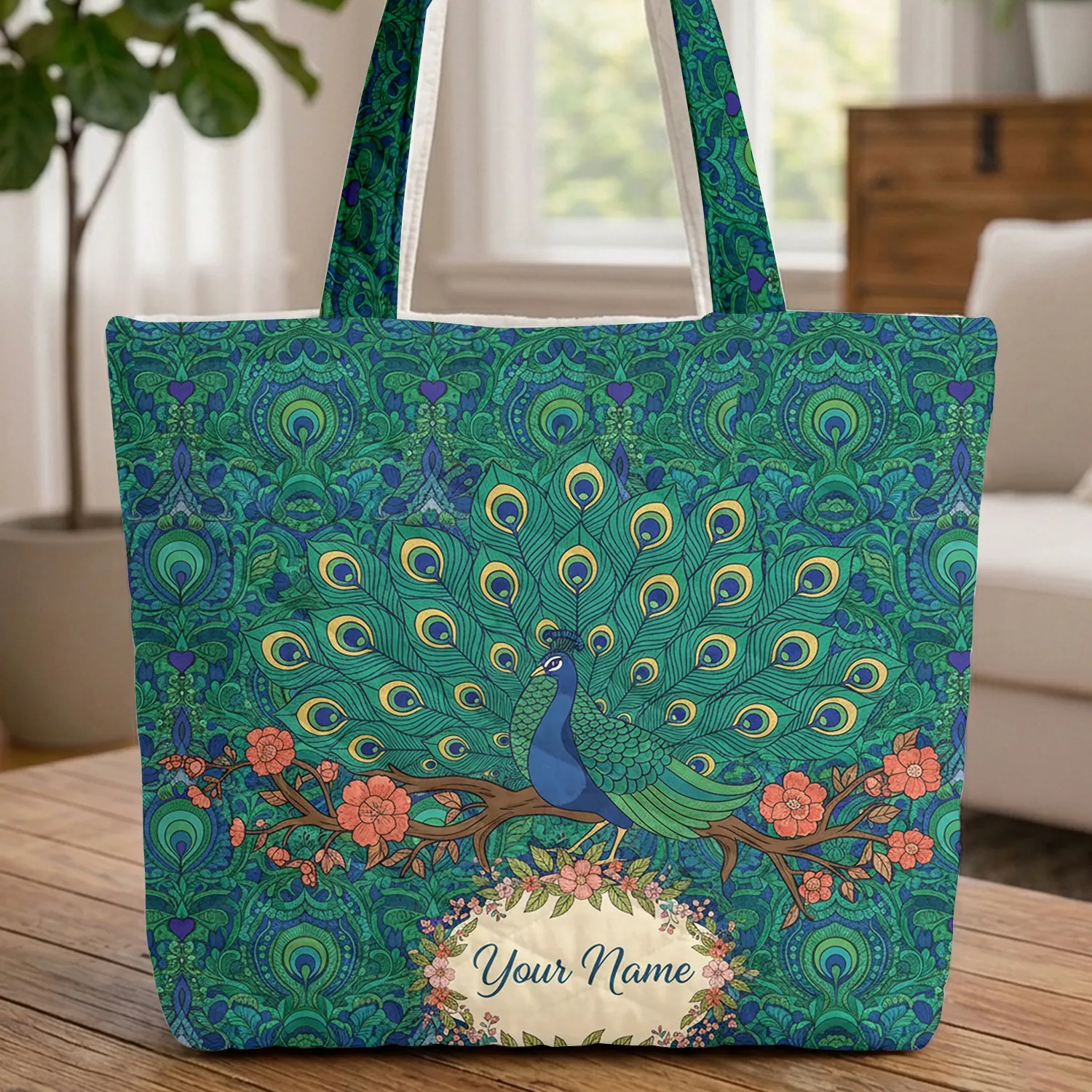 Peacock Fanned Tail Flowering Branch Feather Eye - Wildlife Lover Gift Quilted Tote Bag - 1