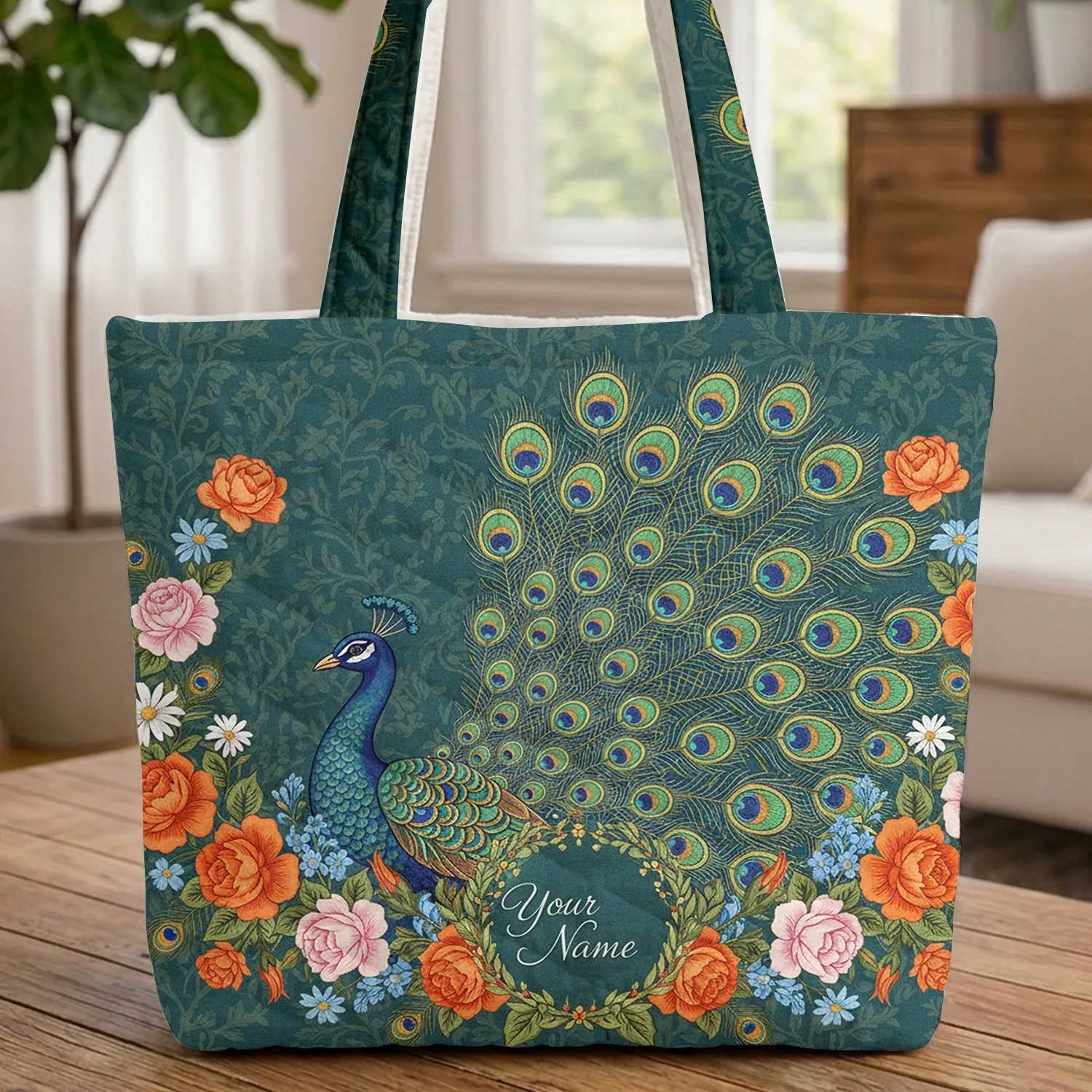 Majestic Peacock Blooming Flowers Personalized Name - Folk Art Home Decor Gift Quilted Tote Bag - 1