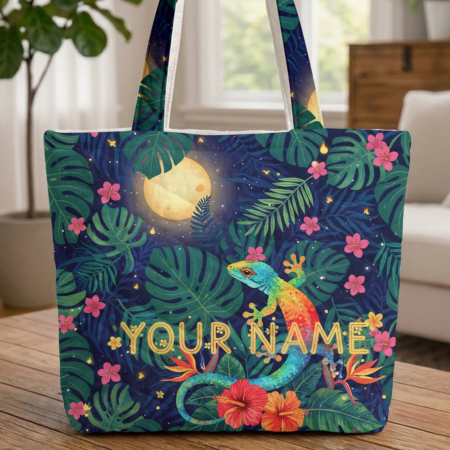 Rainbow Gecko Tropical Moonlit Night - Nature Lover Gift Quilted Tote Bag - 1