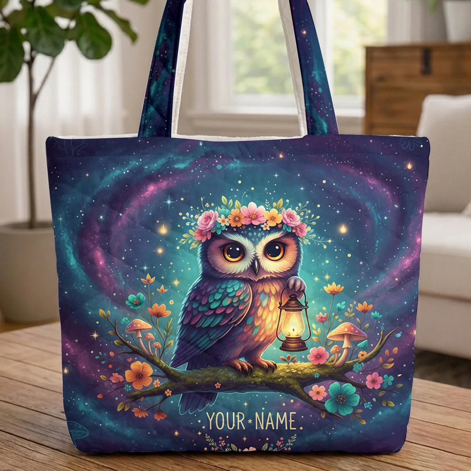 Glowing Lantern Owl Floral Crown Galaxy Stars - Fantasy Lover Gift Quilted Tote Bag - 1