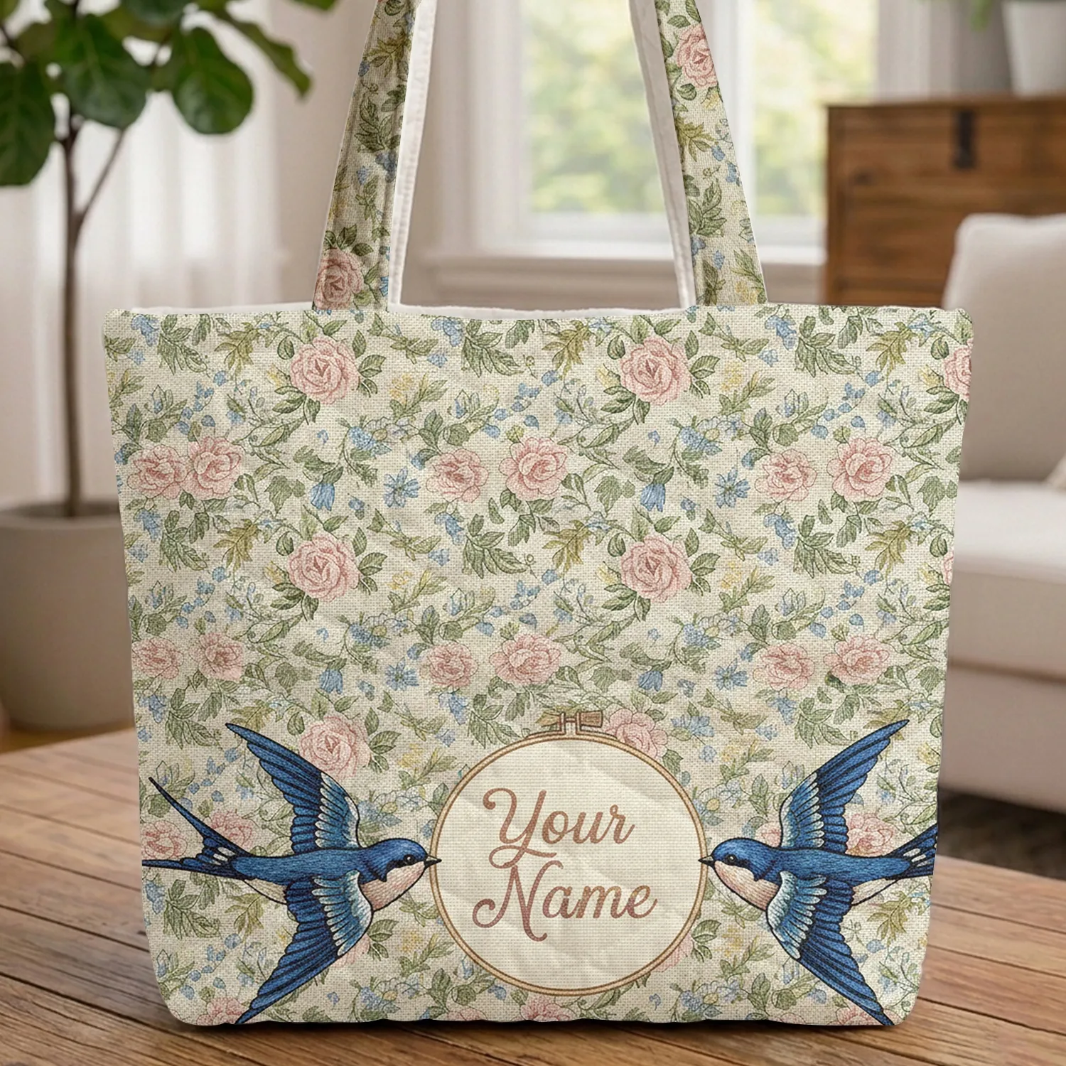 Swallows Floral Roses Blue Bells Leaves Vines - Wildlife Lover Everyday Gift Quilted Tote Bag - 1