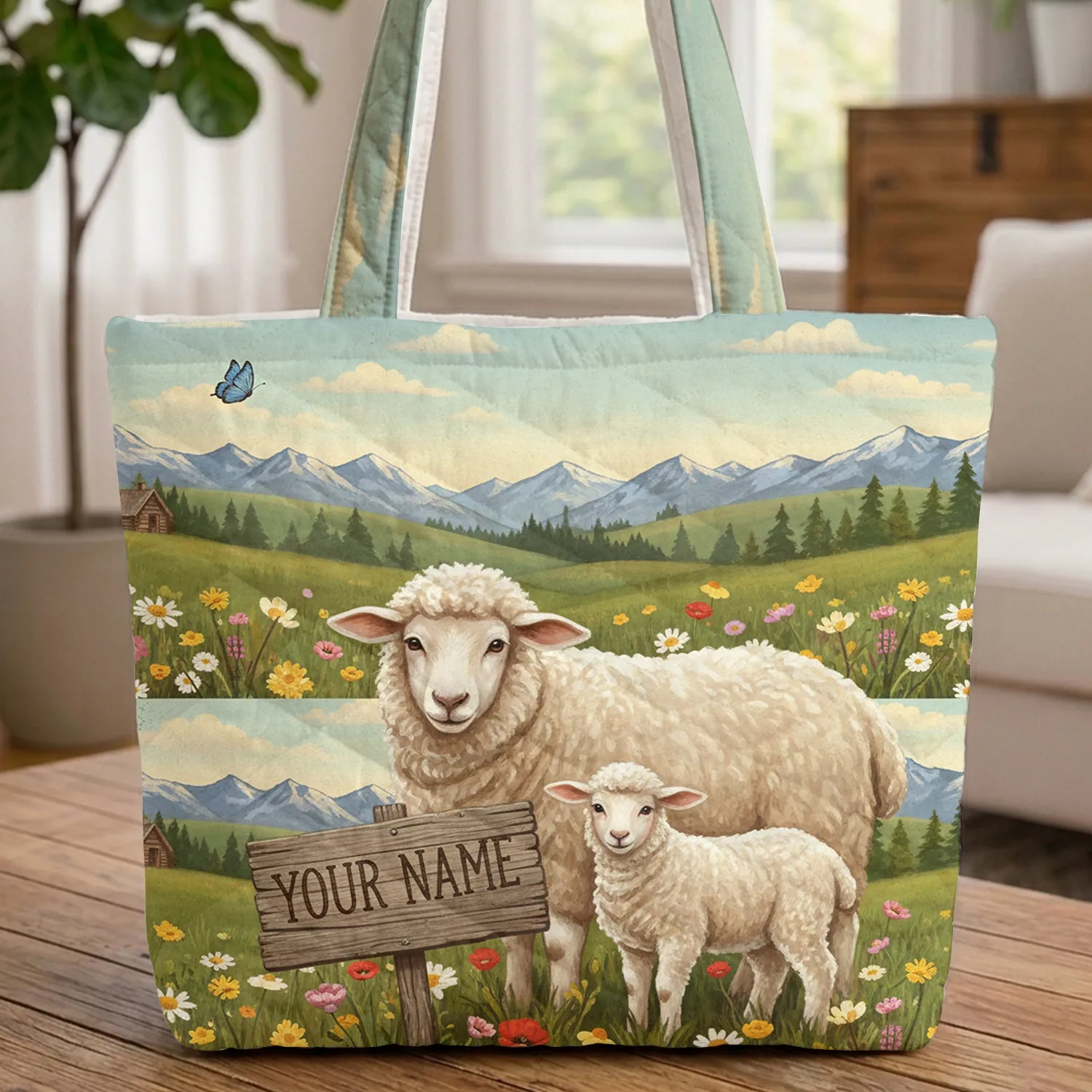 Fluffy Sheep Lamb Wildflower Meadow Rustic Cabin - Farmhouse Home Decor Gift Quilted Tote Bag - 1
