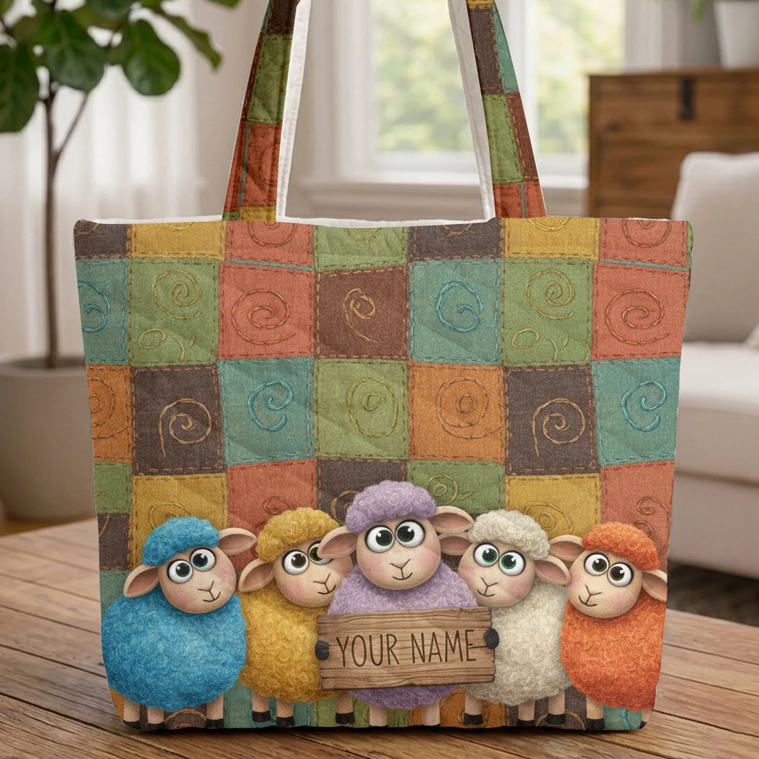Five Sheep Personalized Name Rustic Patchwork - Cozy Home Decor Gift Quilted Tote Bag - 1