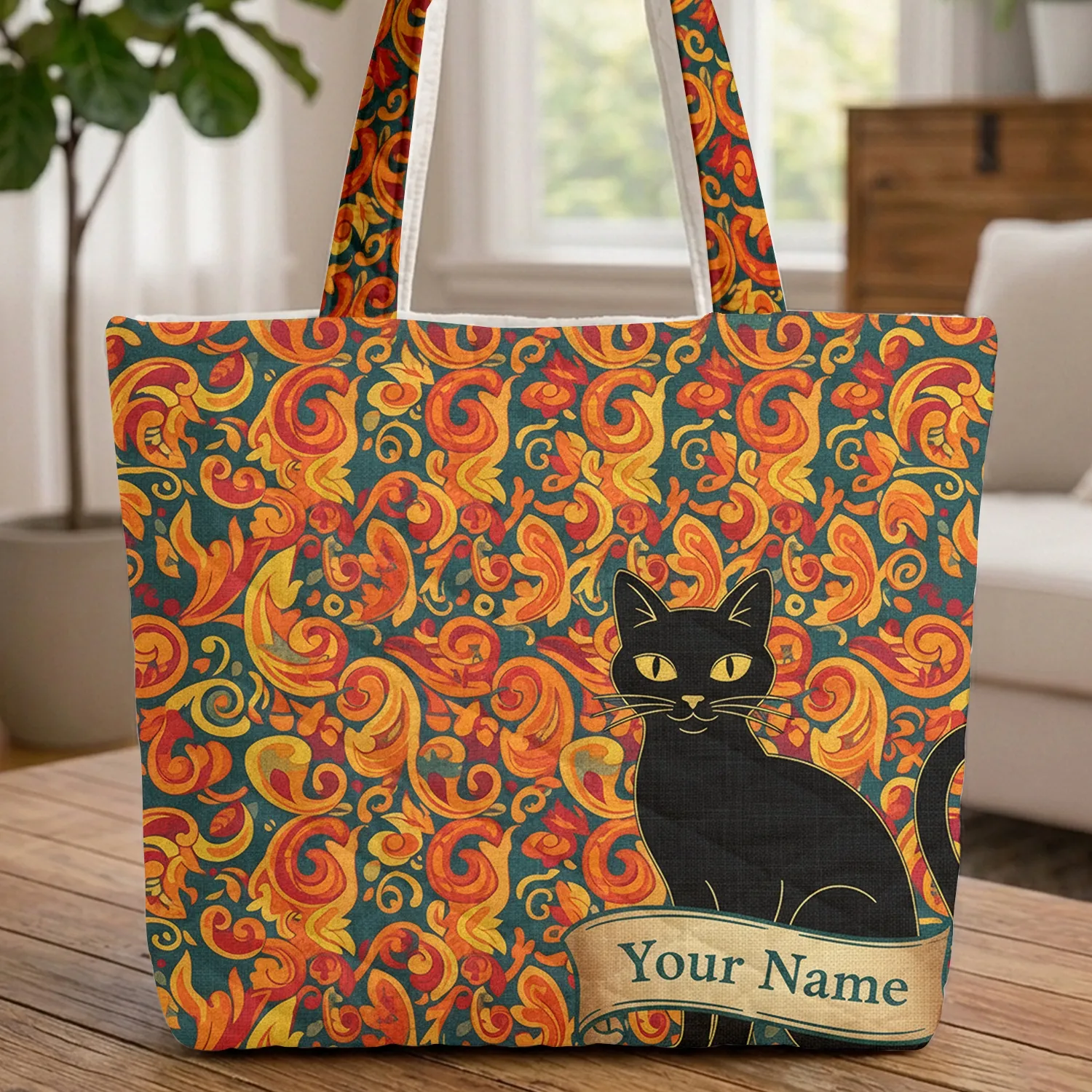 Black Cat Swirling Tendrils Autumn Leaves Folk Scrolls - Everyday Tote Cat Lover Gift Quilted Tote Bag - 1