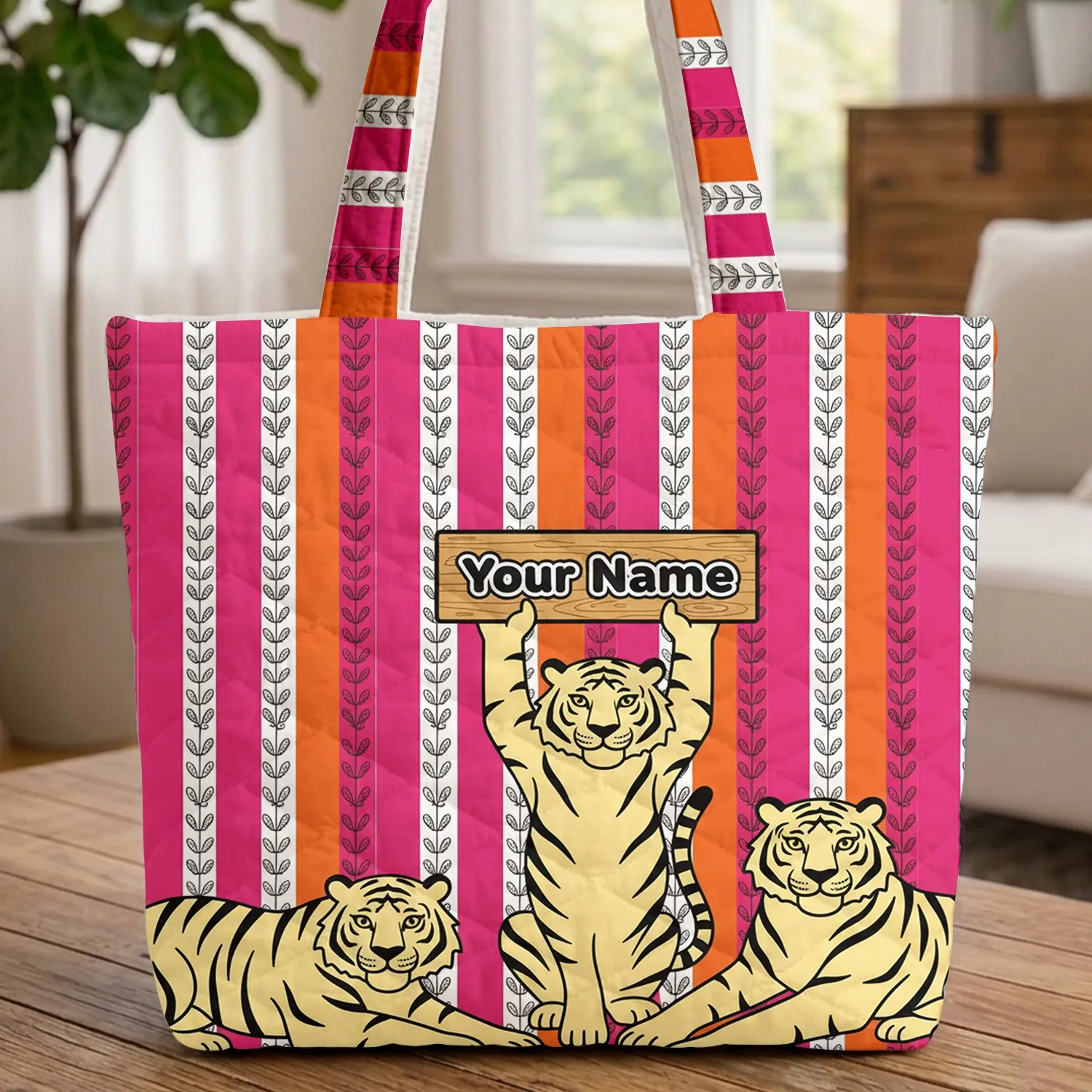 Hot Pink Orange Stripes Three Tigers Wooden Name Sign - Everyday Wildlife Lover Gift Quilted Tote Bag - 1