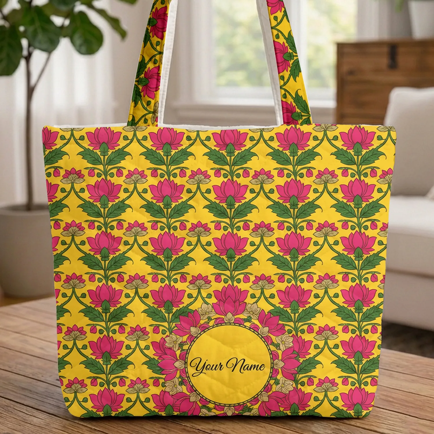 Indian Floral Boho Lotus Bloom Yellow Field - Everyday Use Housewarming Gift Quilted Tote Bag - 1