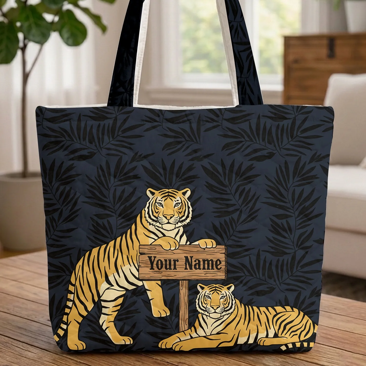 Black Gold Tiger Duo Jungle Leaves Distressed Wood Sign - Personalized Wildlife Lover Gift Quilted Tote Bag - 1