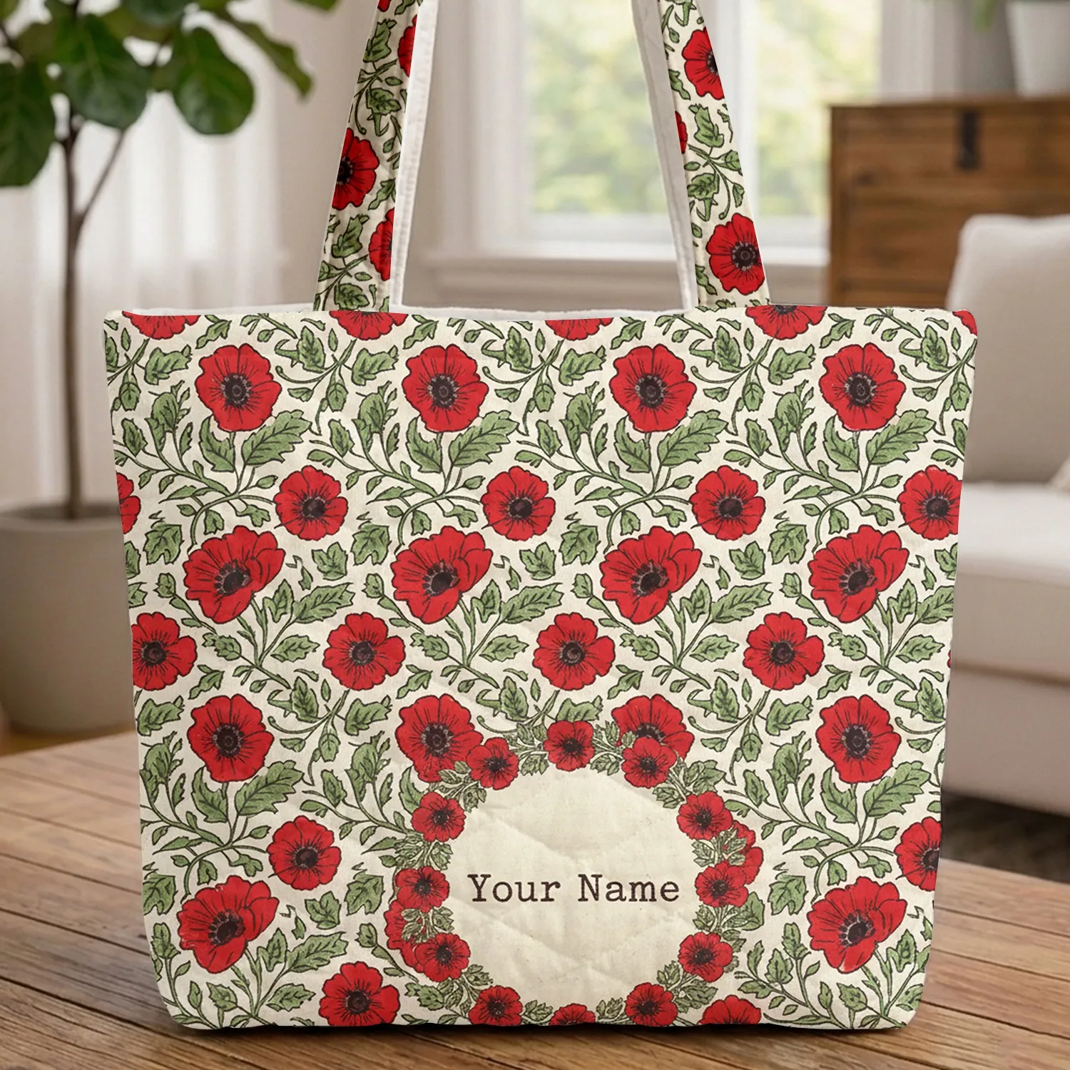 Poppy Flower Vine Wreath Red and Green - Farmhouse Home Decor Everyday Tote Gift for Women Quilted Tote Bag - 1