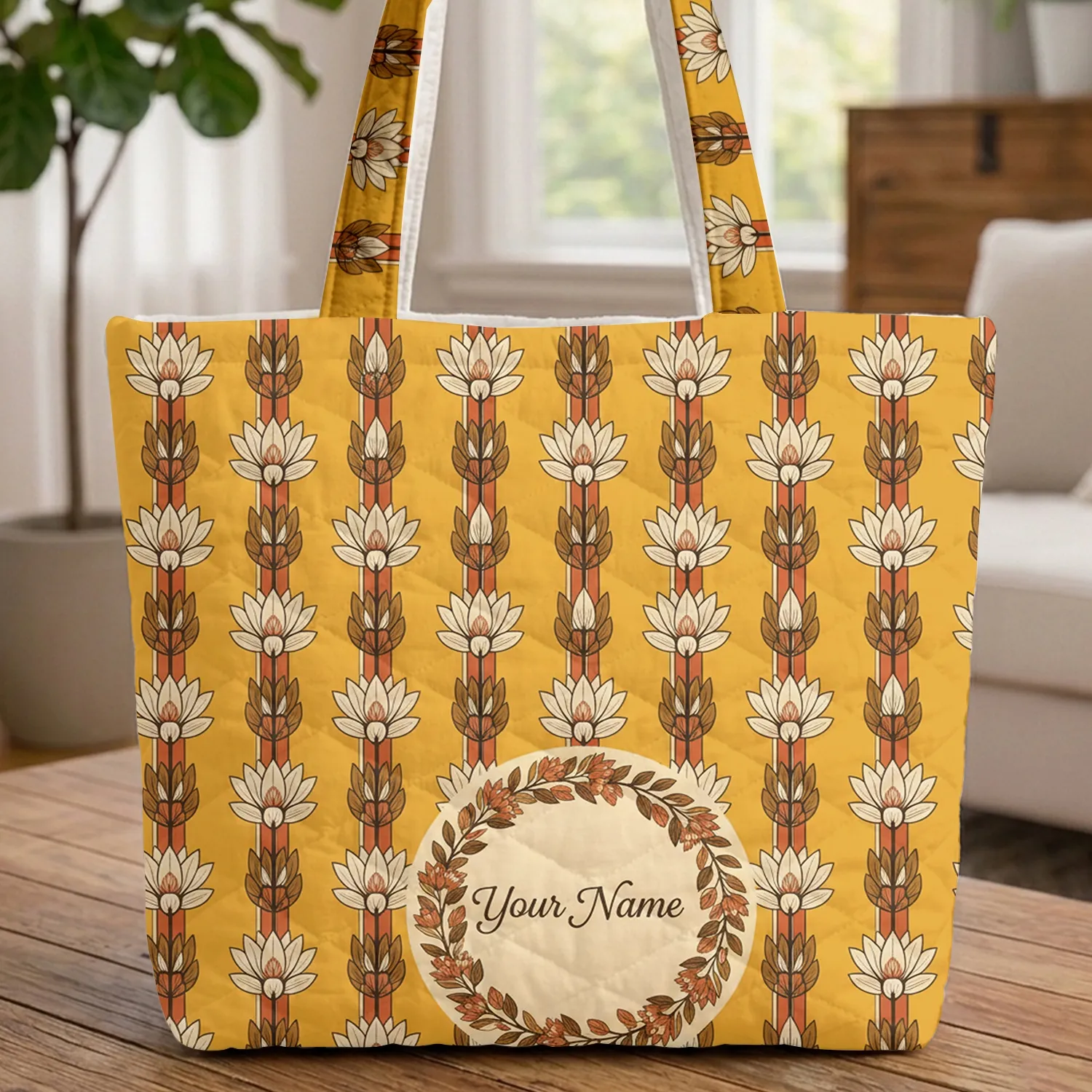 Indian Lotus Flowers Vertical Rows Floral Wreath Striped Bands - Boho Lifestyle Quilted Tote Bag - 1